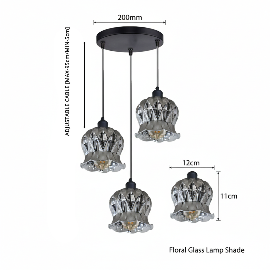 Industrial Floral Glass 3-Light Pendant Ceiling Fixture Modern Home Lighting