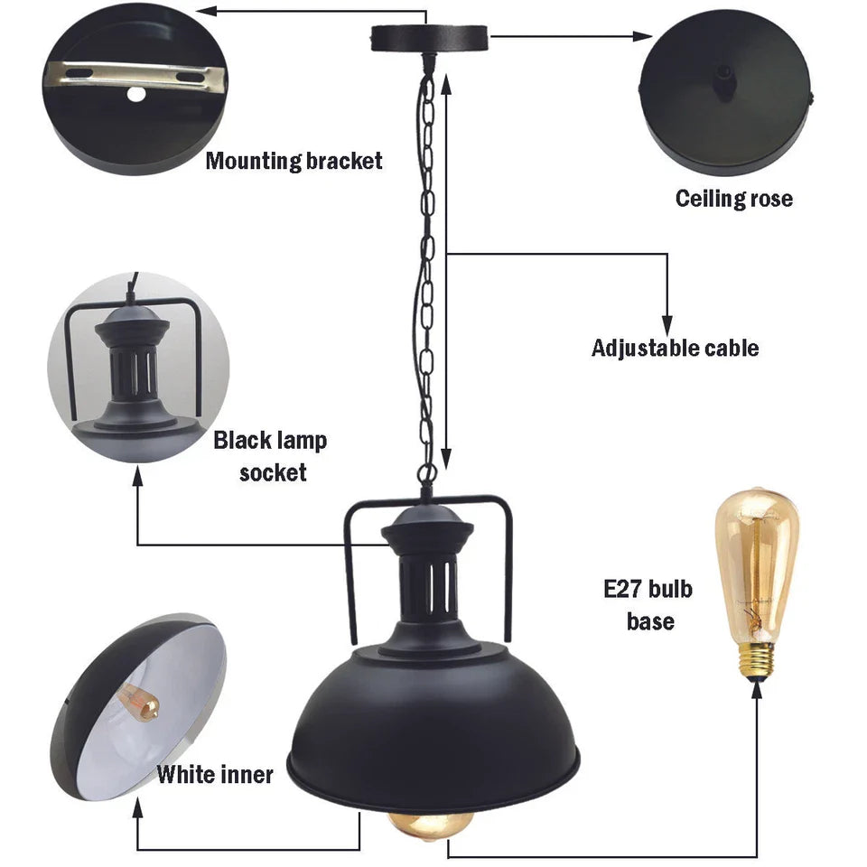 Industrial Vintage Metal Adjustable Hanging Pendant Light Fixture E27 Holder Black White
