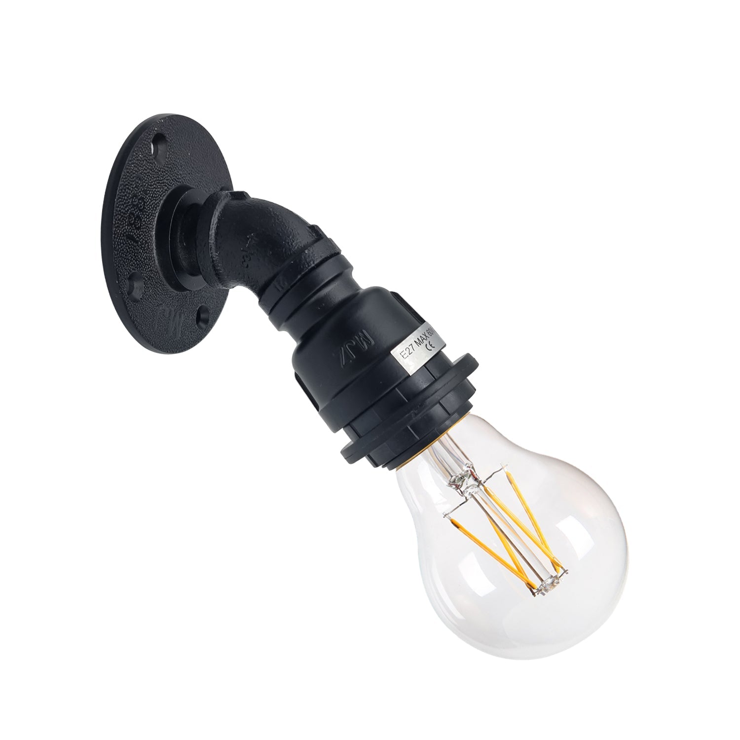 Industrial Water Pipe Wall Lamp Holder E27 Base, Retro Vintage Style Black Metal