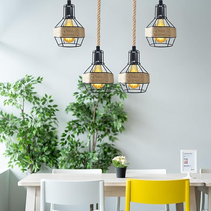 Vintage Industrial Hemp Rope Pendant Light Fixture with Metal Cage Shade