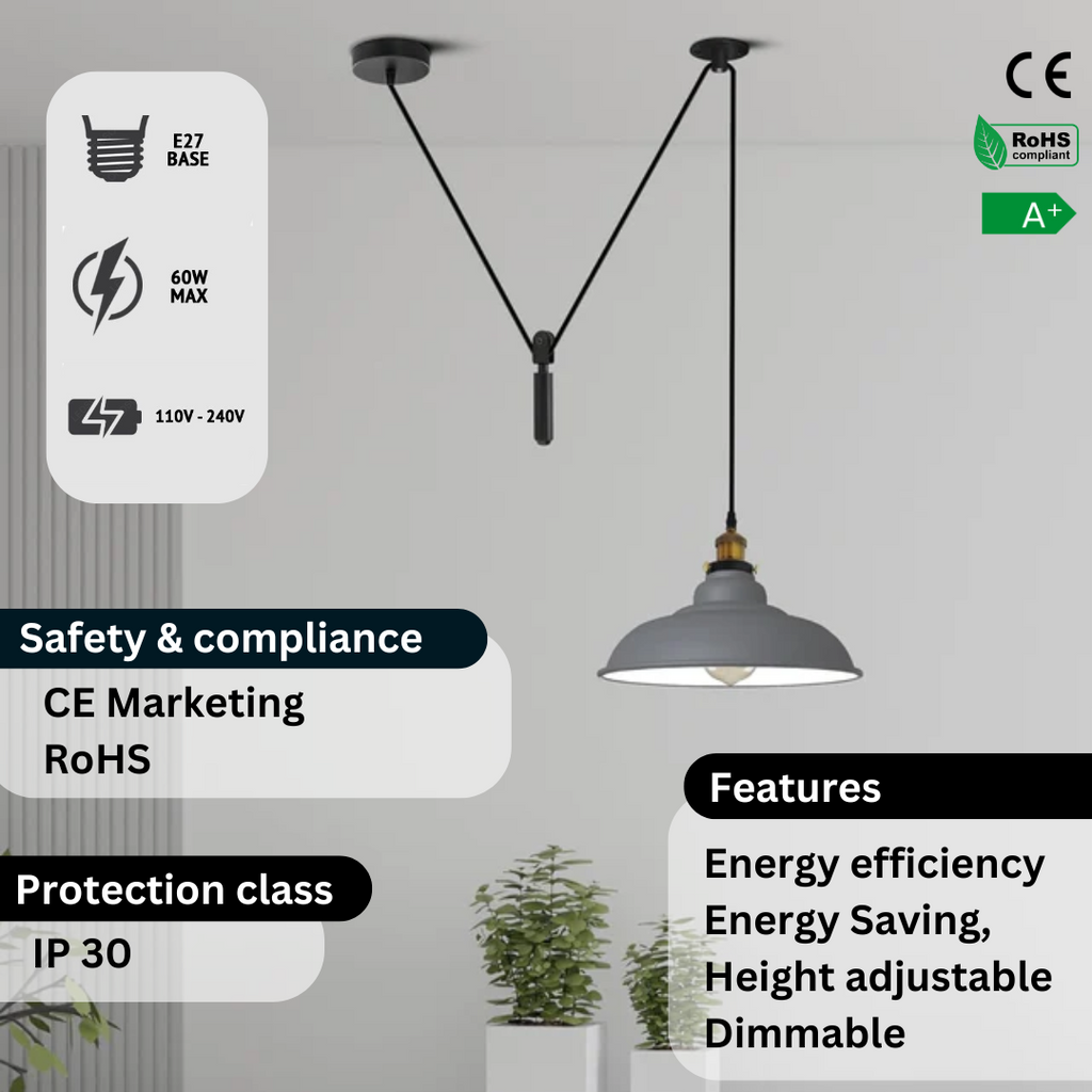 Adjustable Pulley System Industrial Pendant Light, Single Head E27 Modern Decor