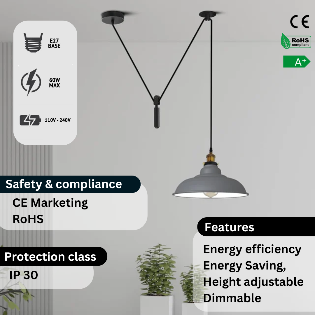 Adjustable Pulley System Industrial Pendant Light, Single Head E27 Modern Decor