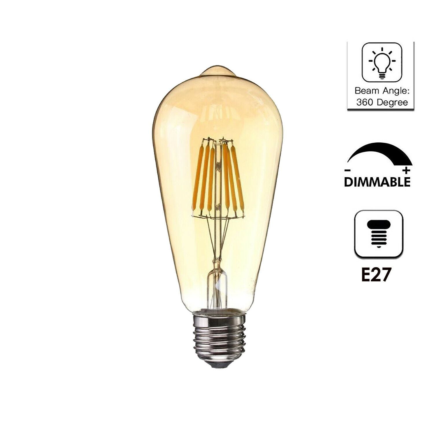 6-Pack Dimmable Vintage Filament LED Edison Bulbs, E27 Warm White