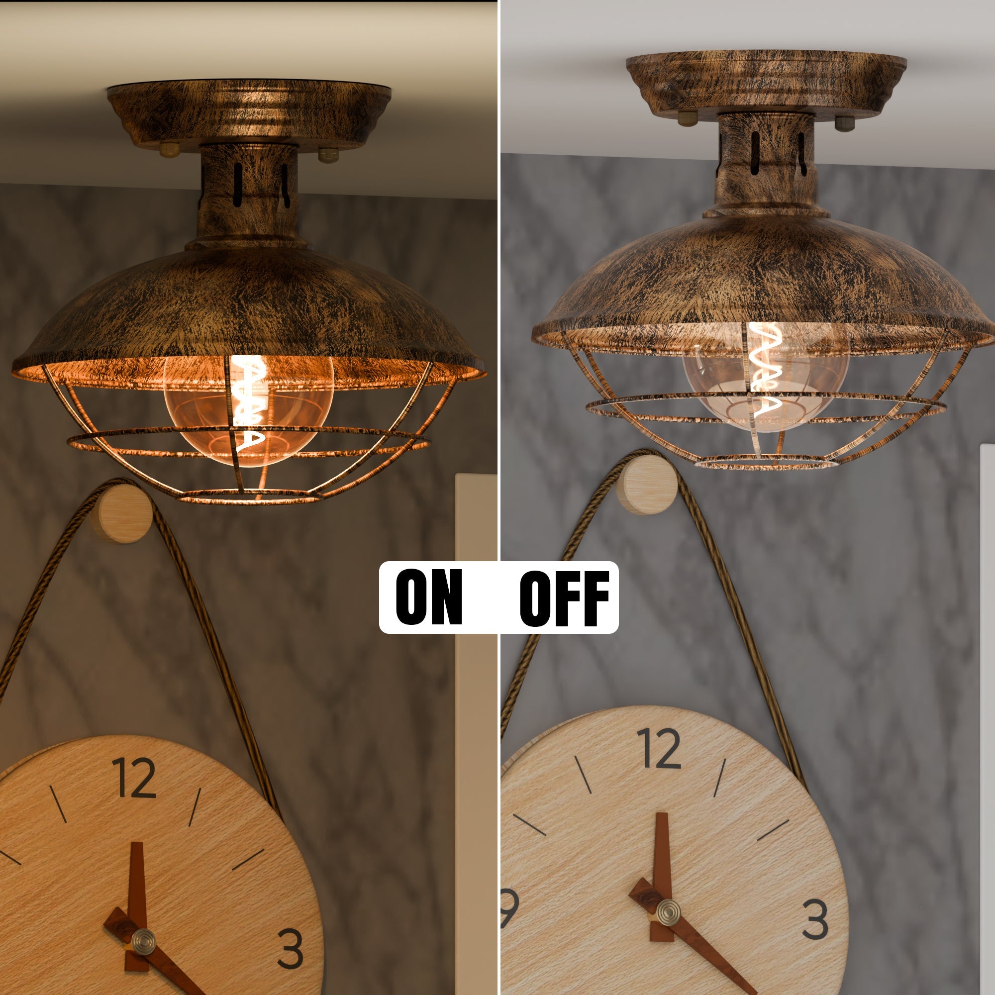 Vintage Industrial Flush Mount Ceiling Light with Cage Shade – Farmhouse Semi Flush Ceiling Lamp for Indoor Lighting ~5951