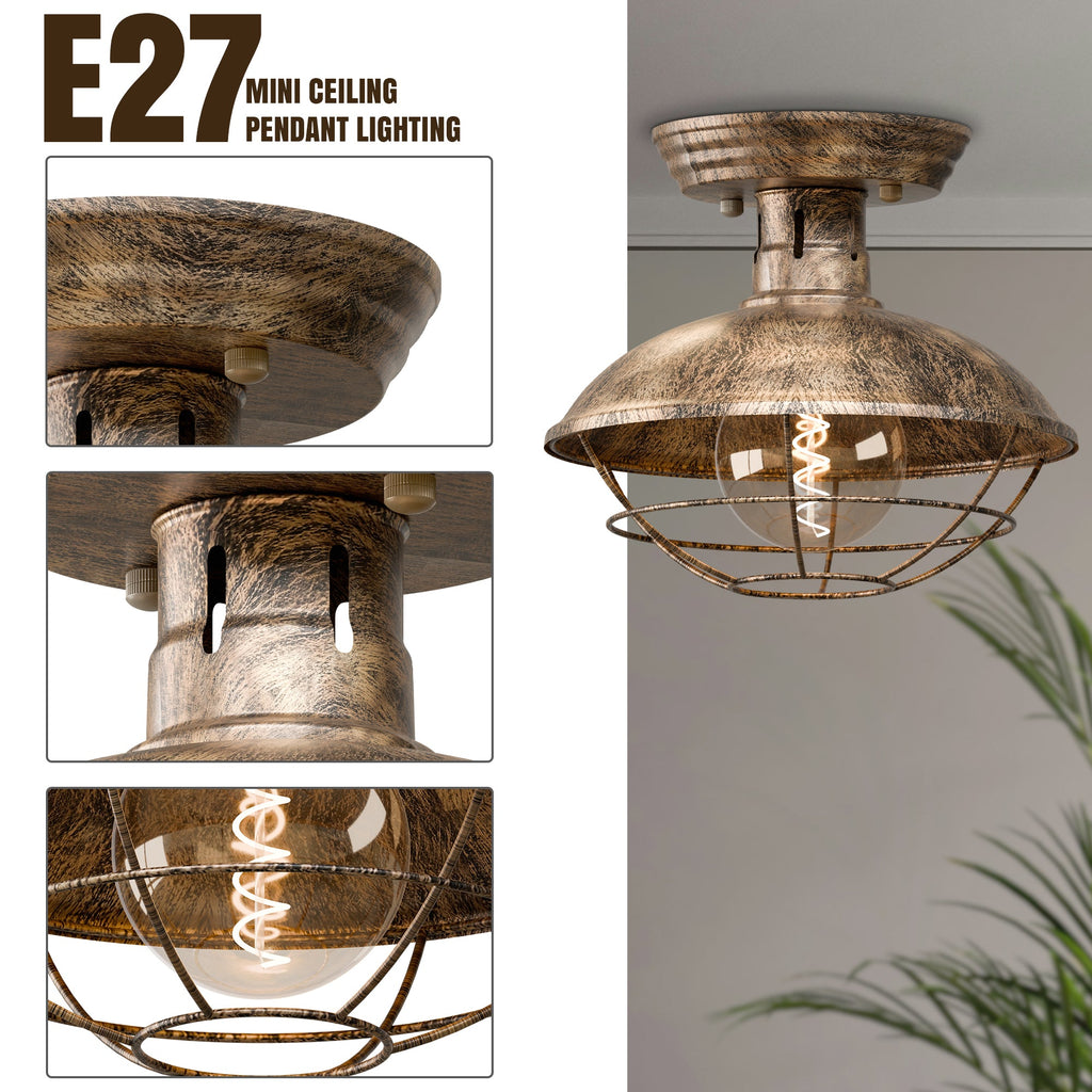 Vintage Industrial Flush Mount Ceiling Light with Cage Shade – Farmhouse Semi Flush Ceiling Lamp for Indoor Lighting ~5951