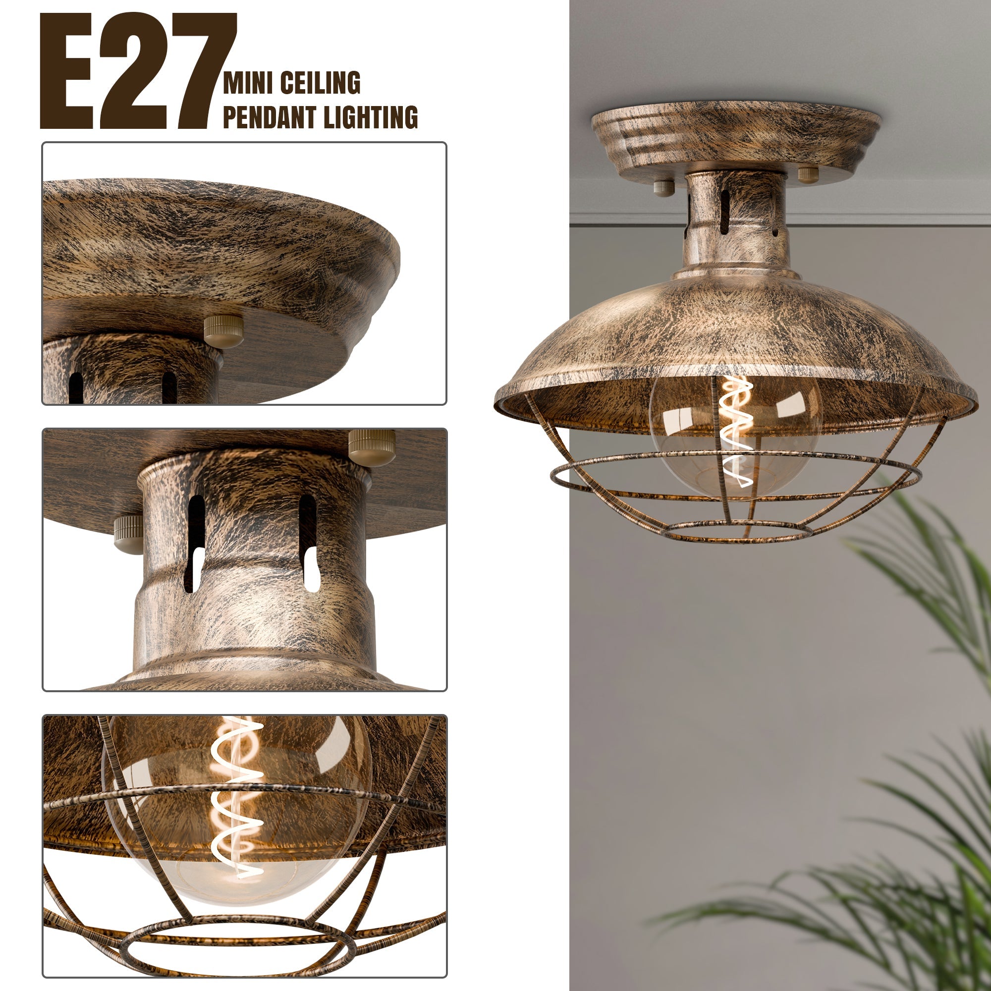 Vintage Industrial Flush Mount Ceiling Light with Cage Shade – Farmhouse Semi Flush Ceiling Lamp for Indoor Lighting ~5951