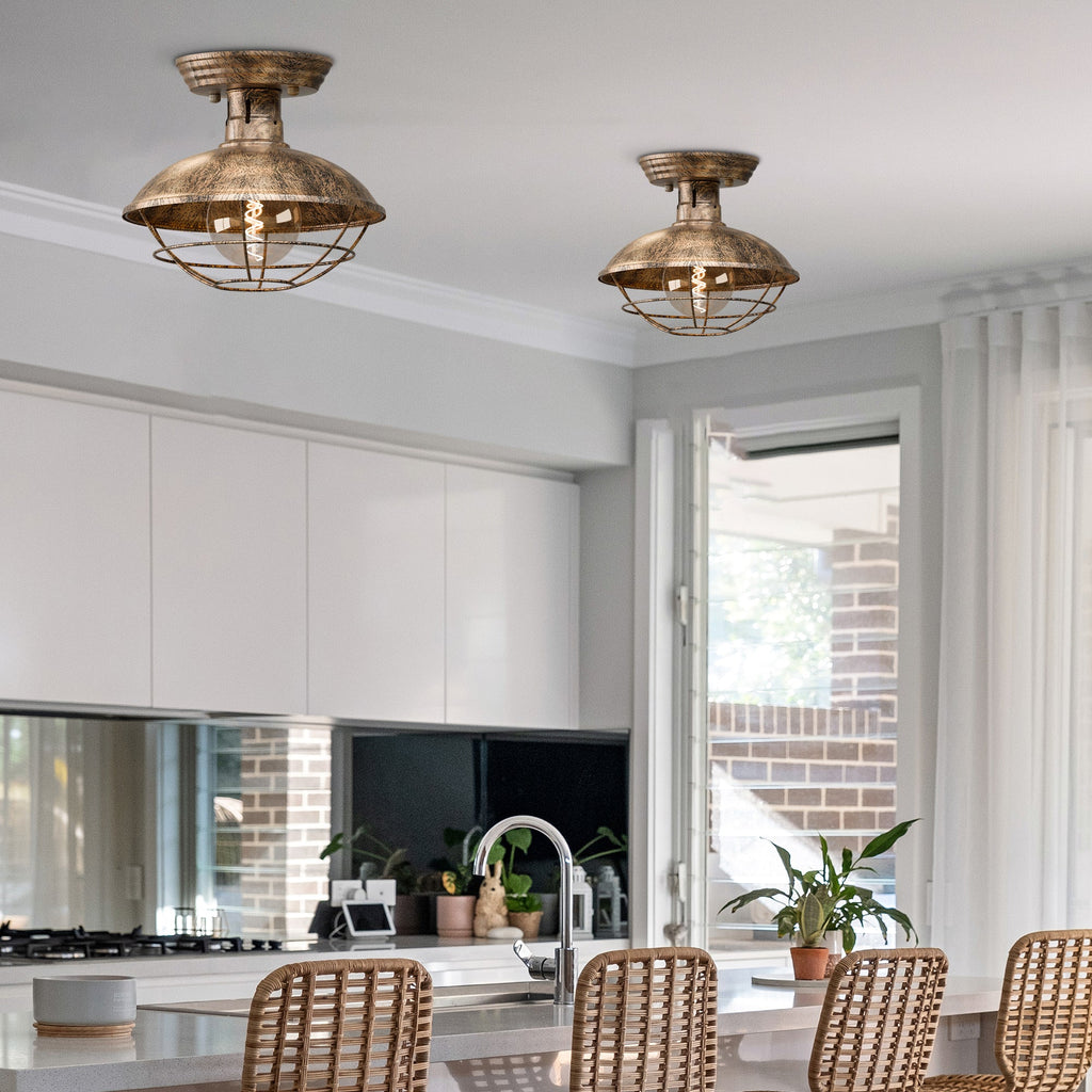 Vintage Industrial Flush Mount Ceiling Light with Cage Shade – Farmhouse Semi Flush Ceiling Lamp for Indoor Lighting ~5951