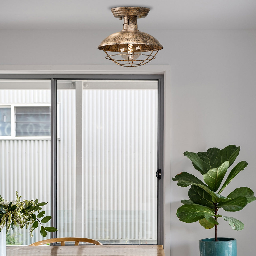 Vintage Industrial Flush Mount Ceiling Light with Cage Shade – Farmhouse Semi Flush Ceiling Lamp for Indoor Lighting ~5951