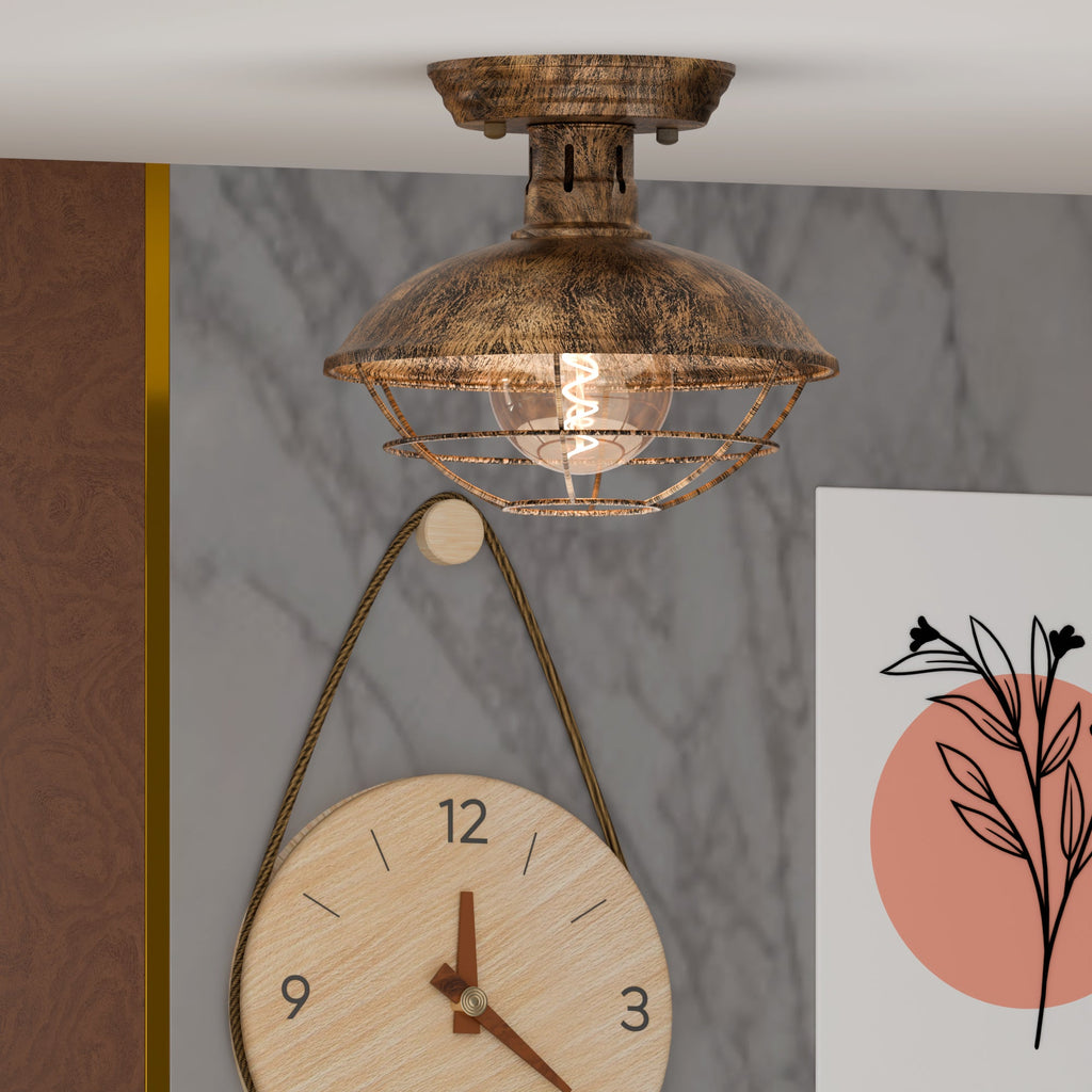 Vintage Industrial Flush Mount Ceiling Light with Cage Shade – Farmhouse Semi Flush Ceiling Lamp for Indoor Lighting ~5951