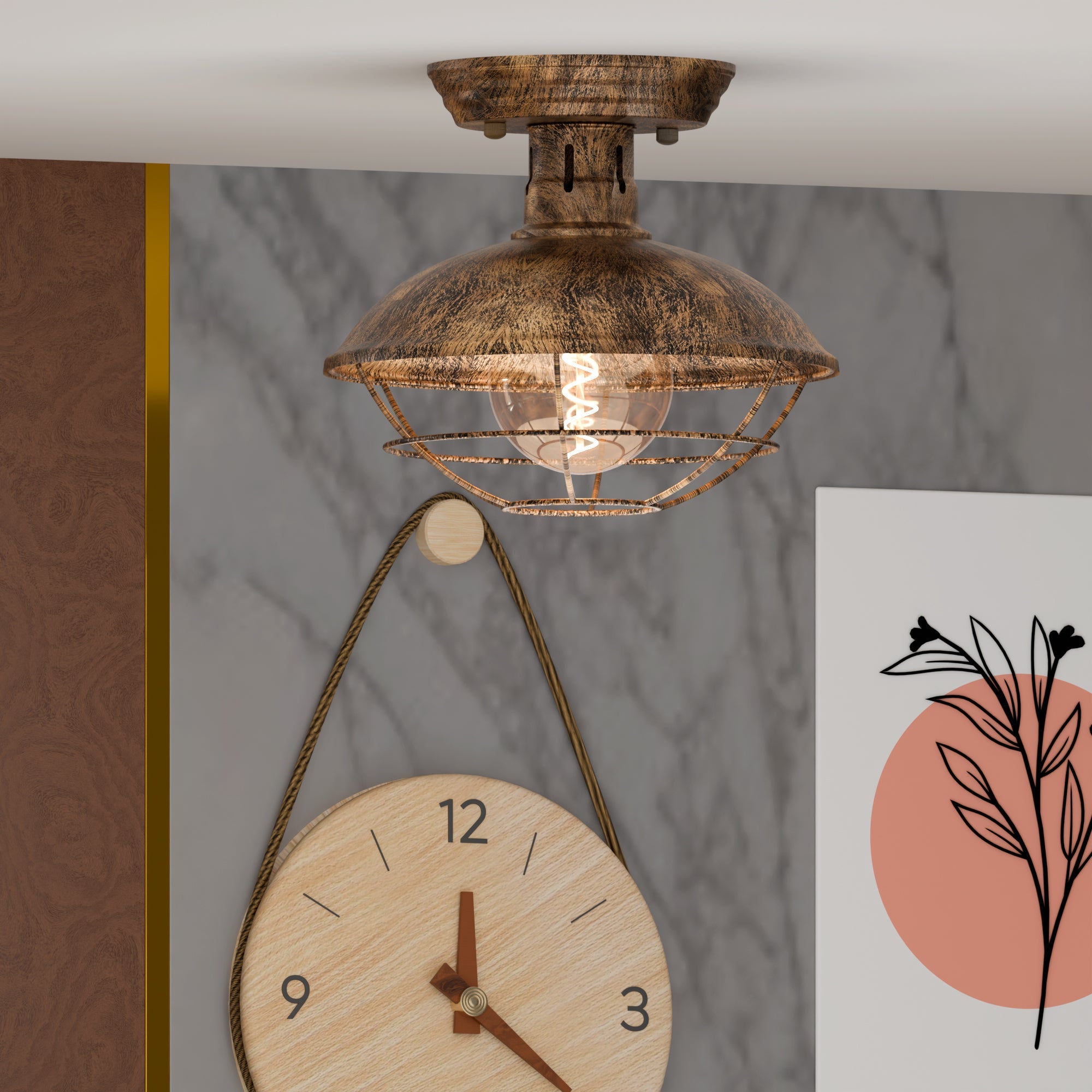 Vintage Industrial Flush Mount Ceiling Light with Cage Shade – Farmhouse Semi Flush Ceiling Lamp for Indoor Lighting ~5951