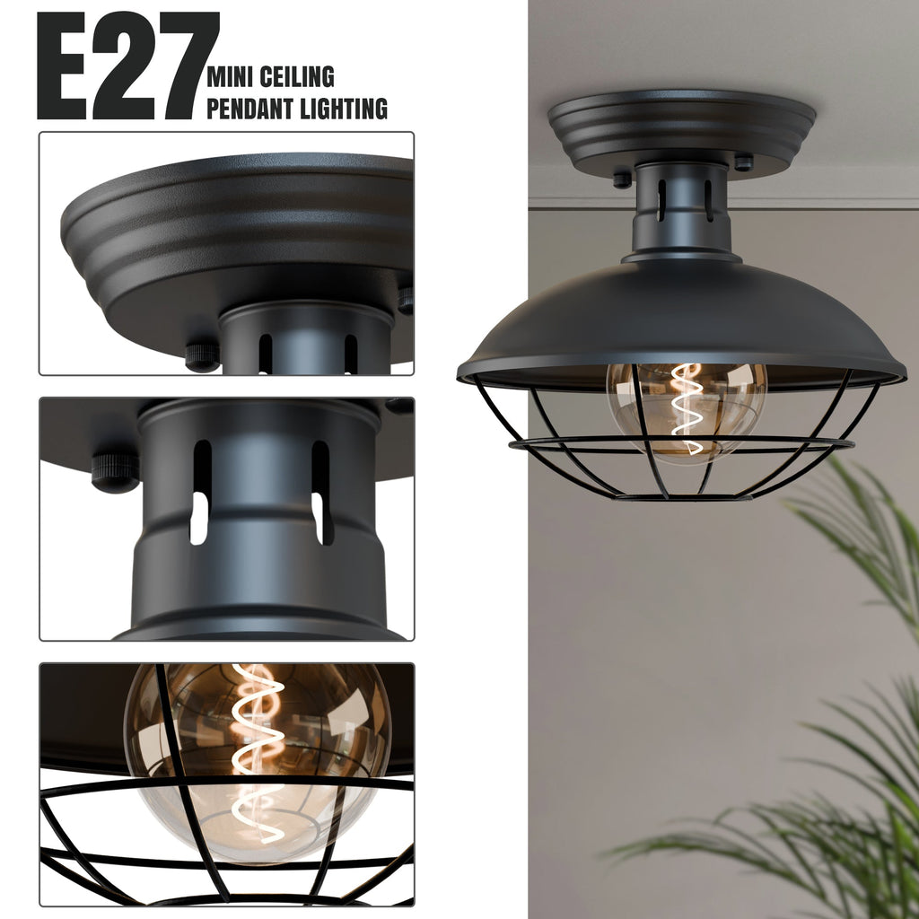 Vintage Industrial Flush Mount Ceiling Light with Cage Shade – Farmhouse Semi Flush Ceiling Lamp for Indoor Lighting ~5951