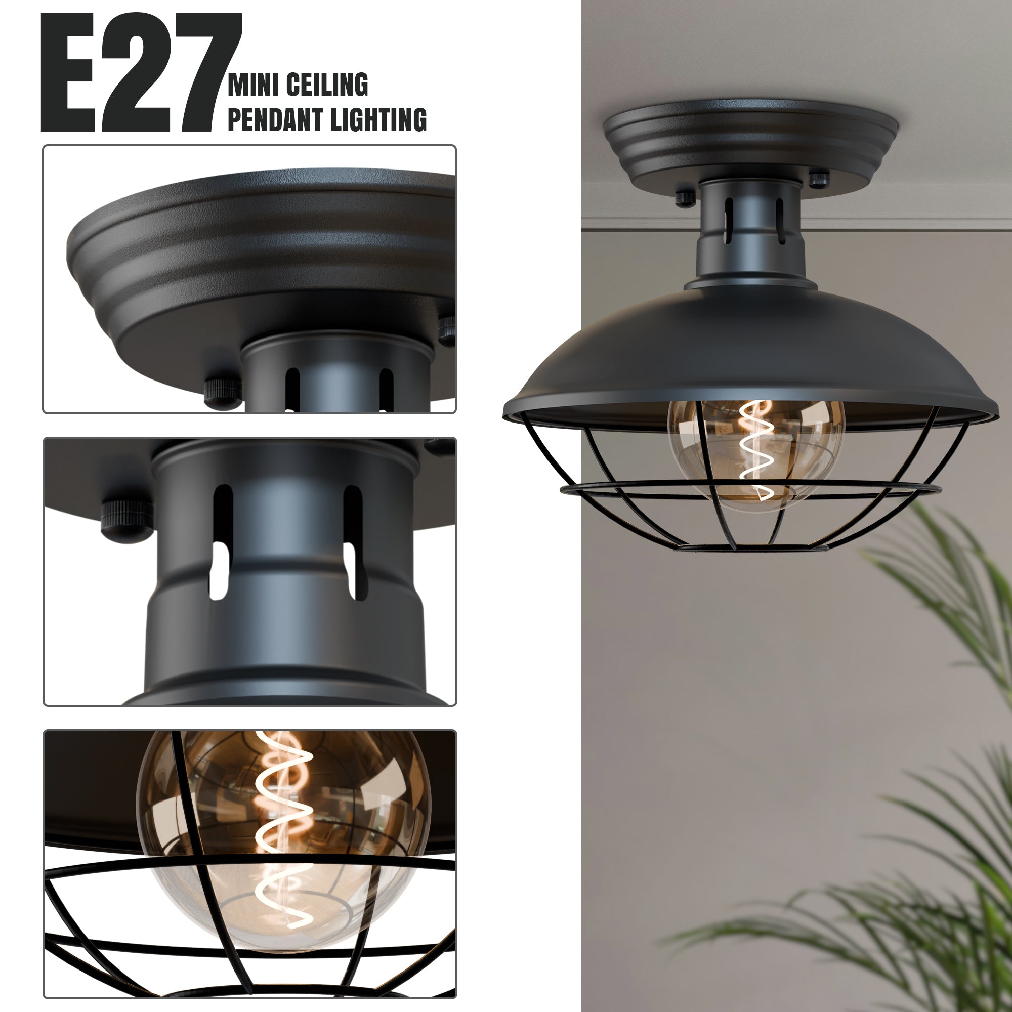 Vintage Industrial Flush Mount Ceiling Light with Cage Shade – Farmhouse Semi Flush Ceiling Lamp for Indoor Lighting ~5951