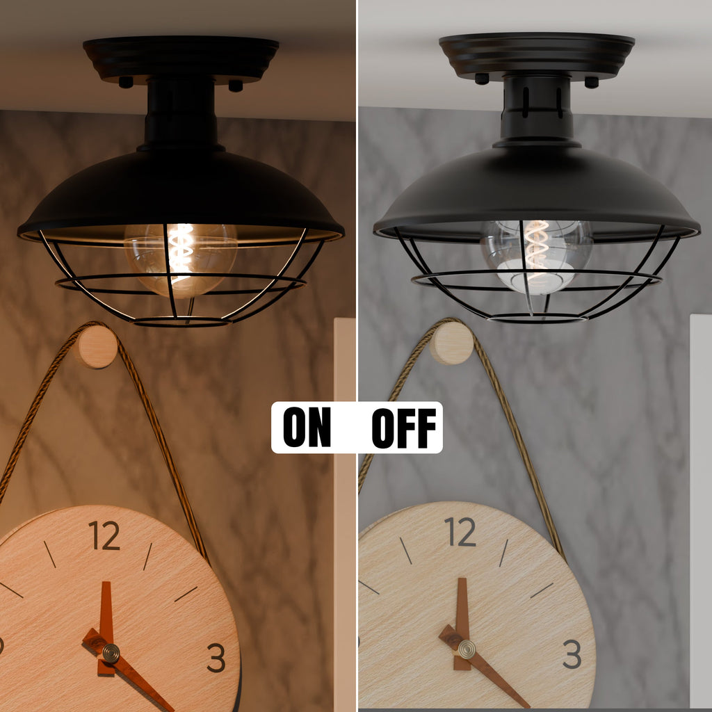 Vintage Industrial Flush Mount Ceiling Light with Cage Shade – Farmhouse Semi Flush Ceiling Lamp for Indoor Lighting ~5951