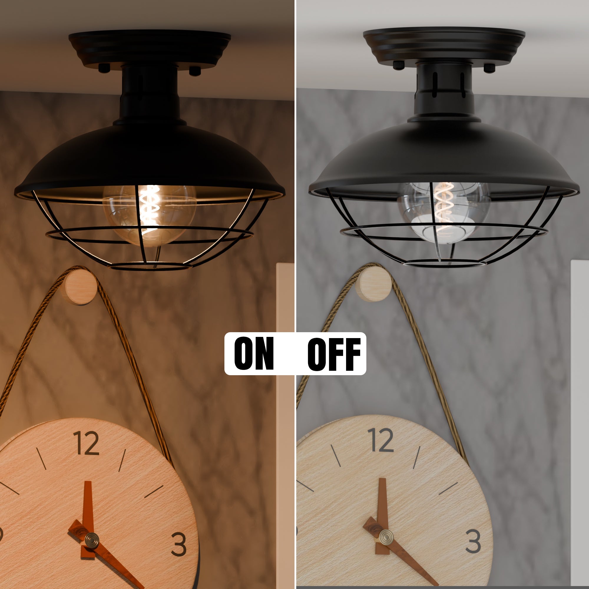 Vintage Industrial Flush Mount Ceiling Light with Cage Shade – Farmhouse Semi Flush Ceiling Lamp for Indoor Lighting ~5951