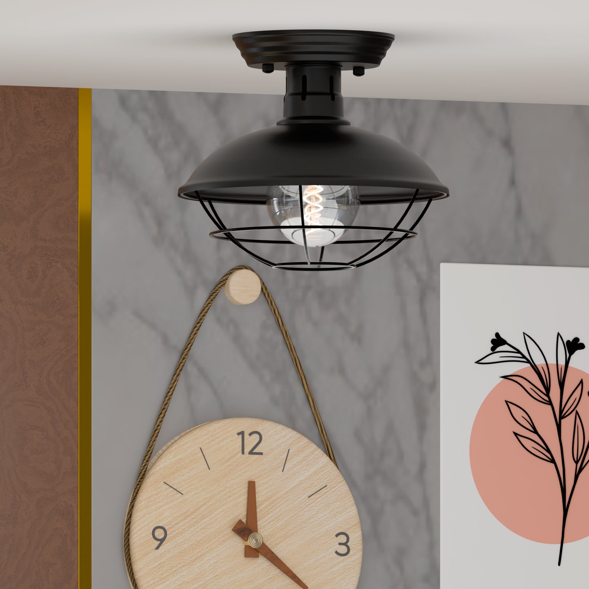 Vintage Industrial Flush Mount Ceiling Light with Cage Shade – Farmhouse Semi Flush Ceiling Lamp for Indoor Lighting ~5951