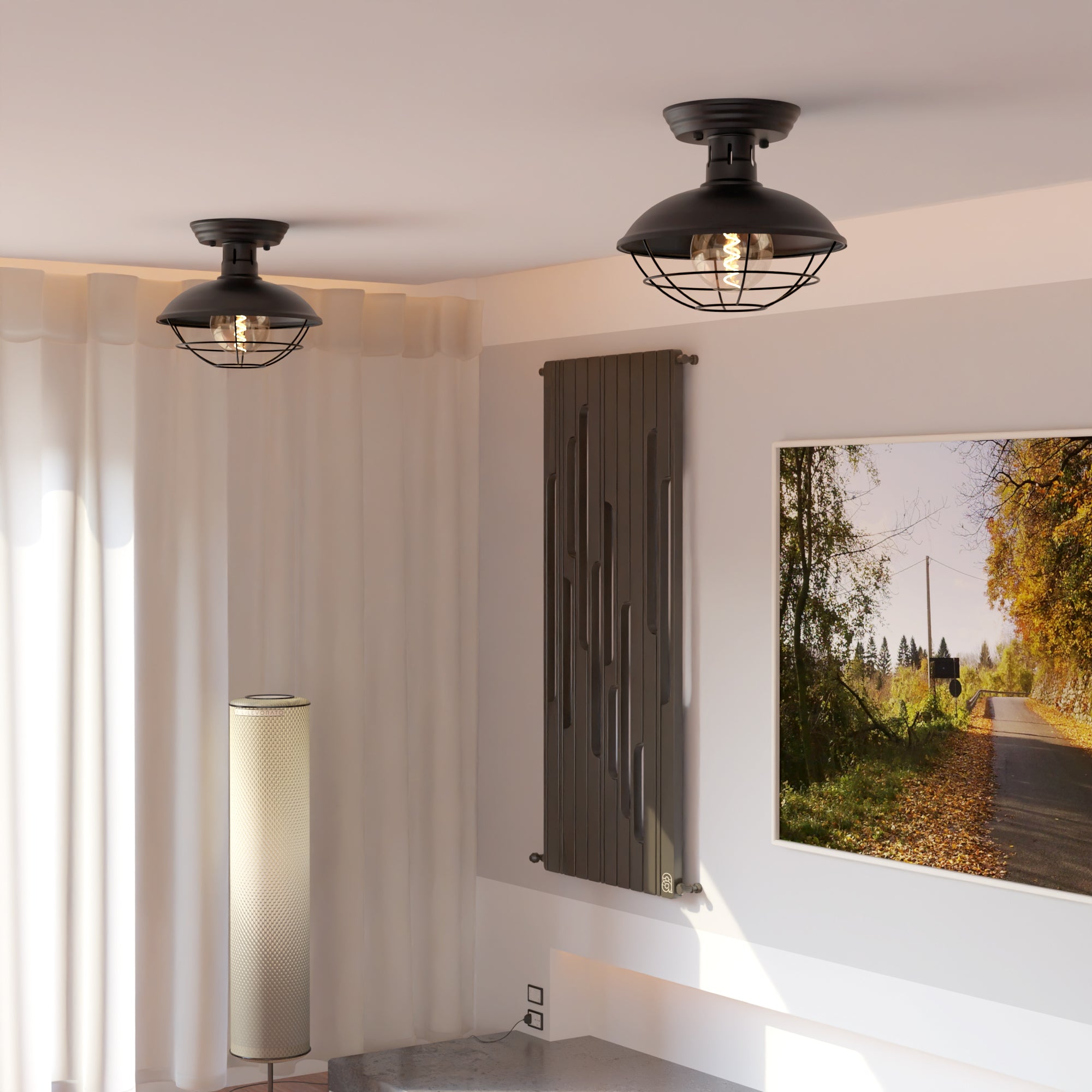 Vintage Industrial Flush Mount Ceiling Light with Cage Shade – Farmhouse Semi Flush Ceiling Lamp for Indoor Lighting ~5951