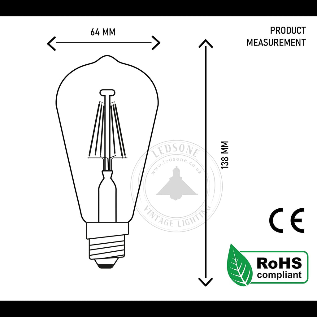 Vintage Dimmable ST64 E27 LED Filament Bulb 6W, Warm White Amber Glass