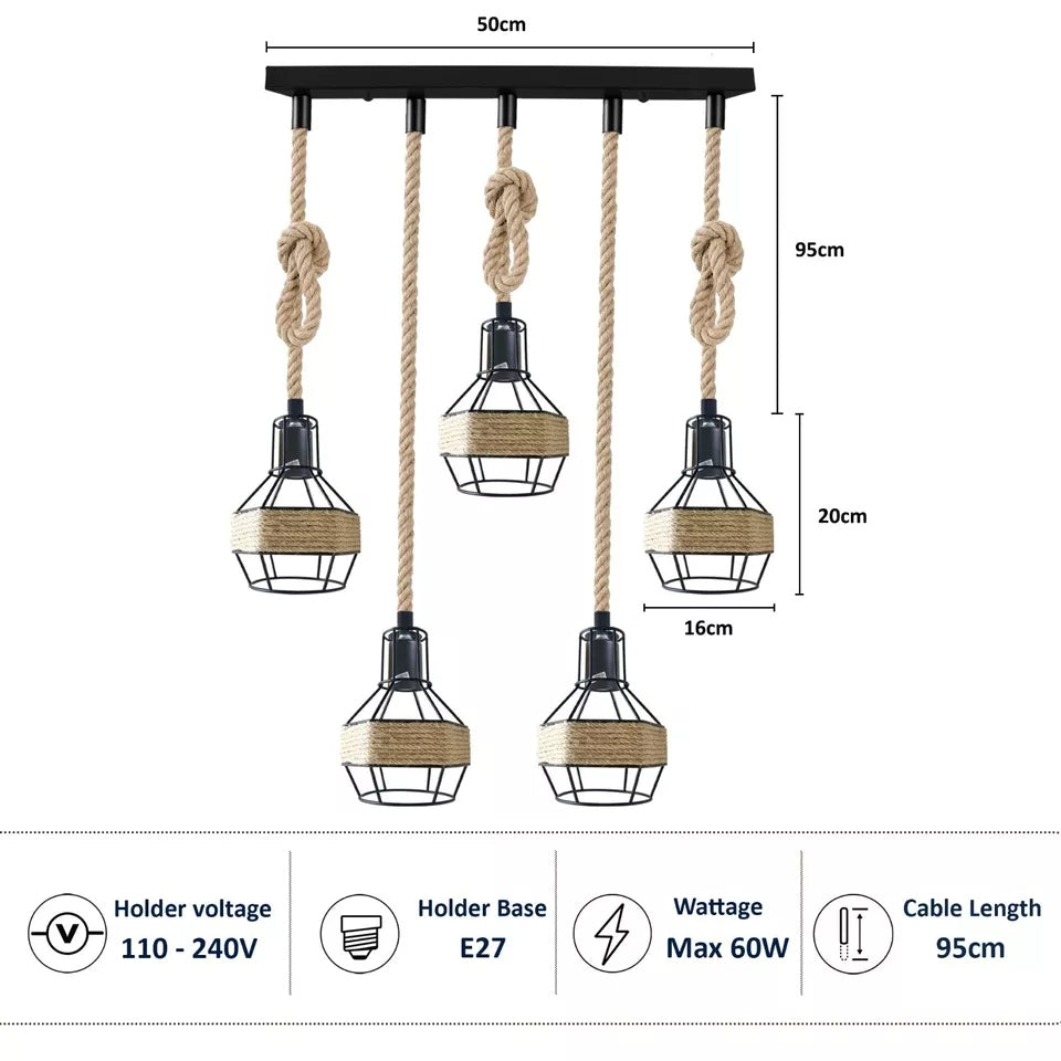 Vintage Industrial Hemp Rope Pendant Light Fixture with Metal Cage Shade