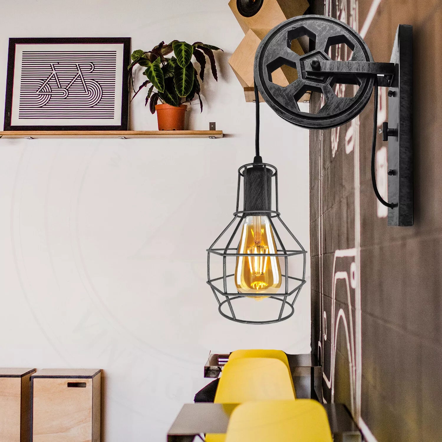 Vintage Industrial Pulley Wall Lamp: Adjustable Height E27 Lighting Fixture Home Decor