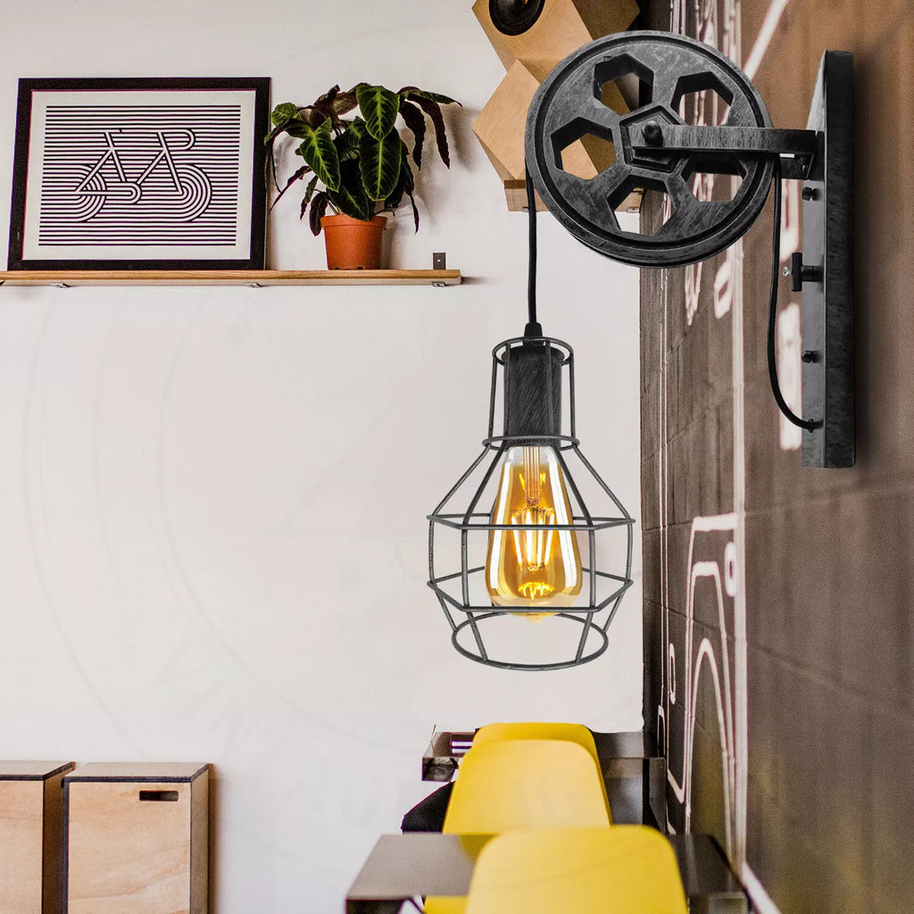 Adjustable Vintage Industrial Pulley Wall Lamp - Iron Art E27 Socket Light