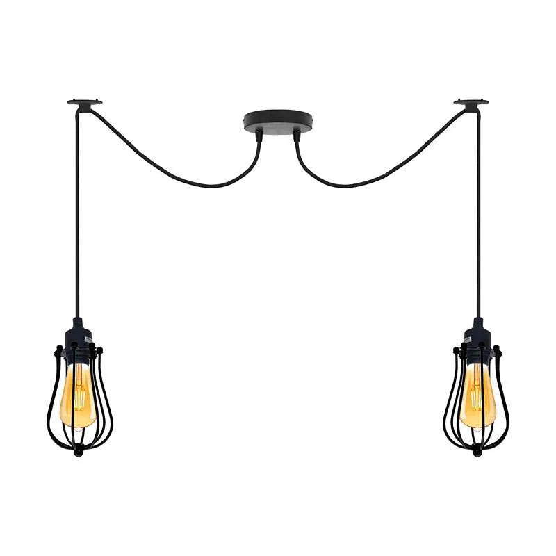 Industrial Modern Black 2-Head Cage Ceiling Pendant Lamp Spider Hanging Light Fixture