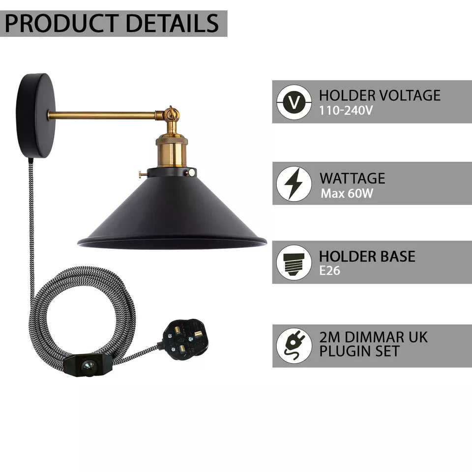 Adjustable Industrial Cone Shade Plug-in Wall Sconce with Dimmer Switch, E27 Bulb
