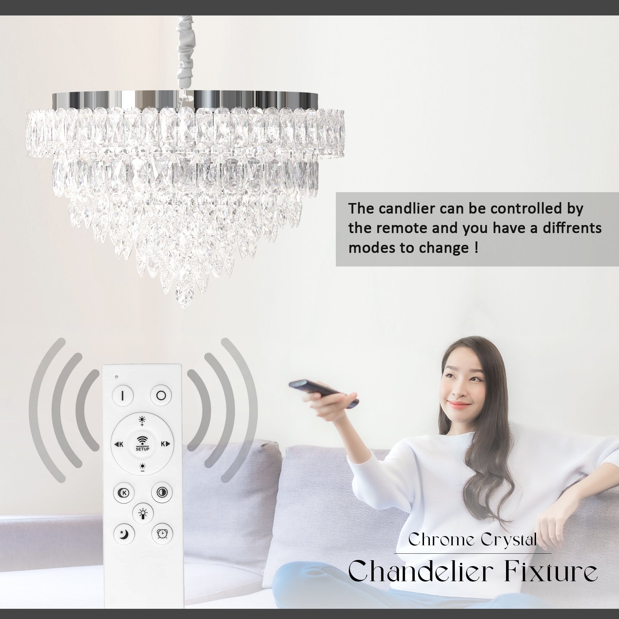 Modern LED Crystal Chandelier Dimmable Ceiling Mount Hanging Light Fixture