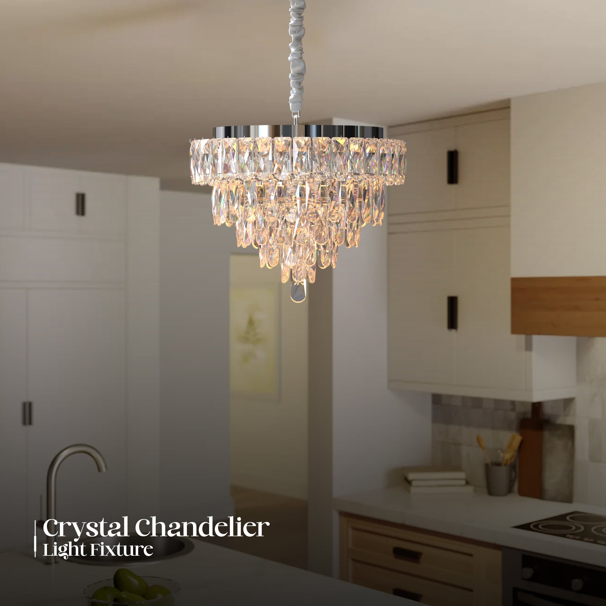 Modern Clear Crystal Chandelier Round Ceiling Light Dimmable E14 Bulbs Chrome Finish