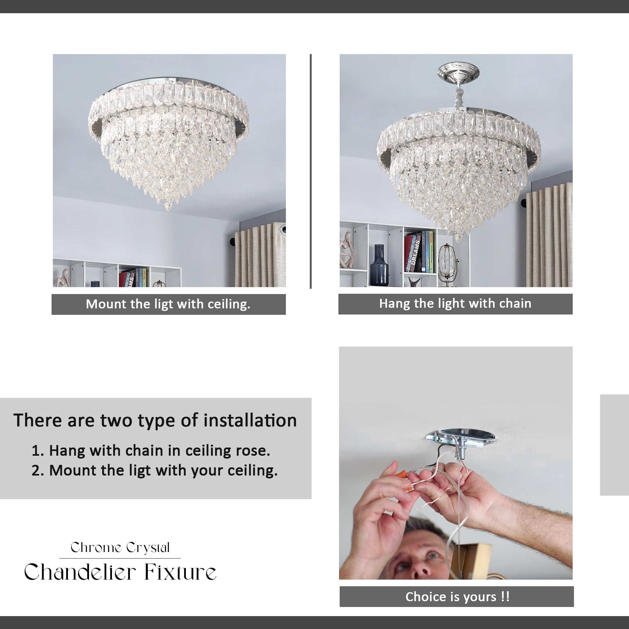 Modern LED Crystal Chandelier Dimmable Ceiling Mount Hanging Light Fixture