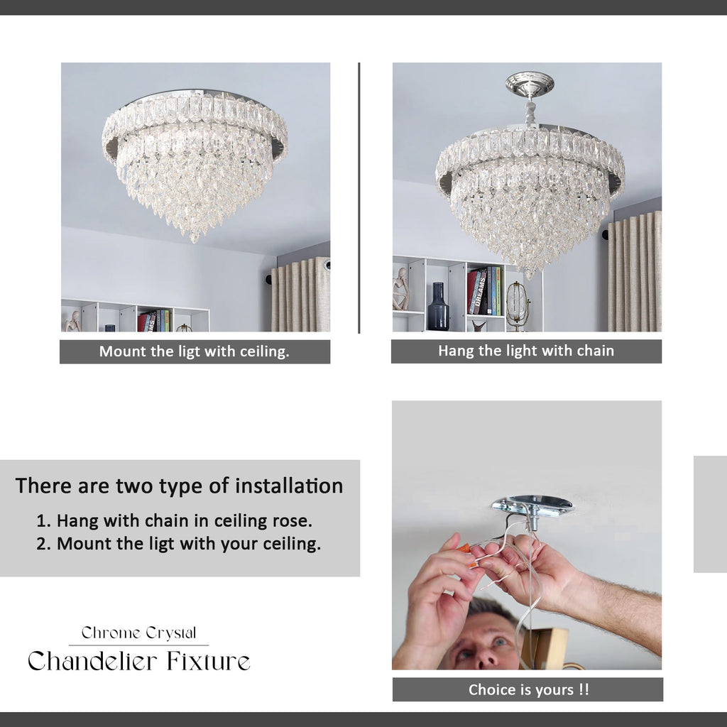 Modern LED Crystal Raindrop Chandelier Chrome Ceiling Mount Pendant Light