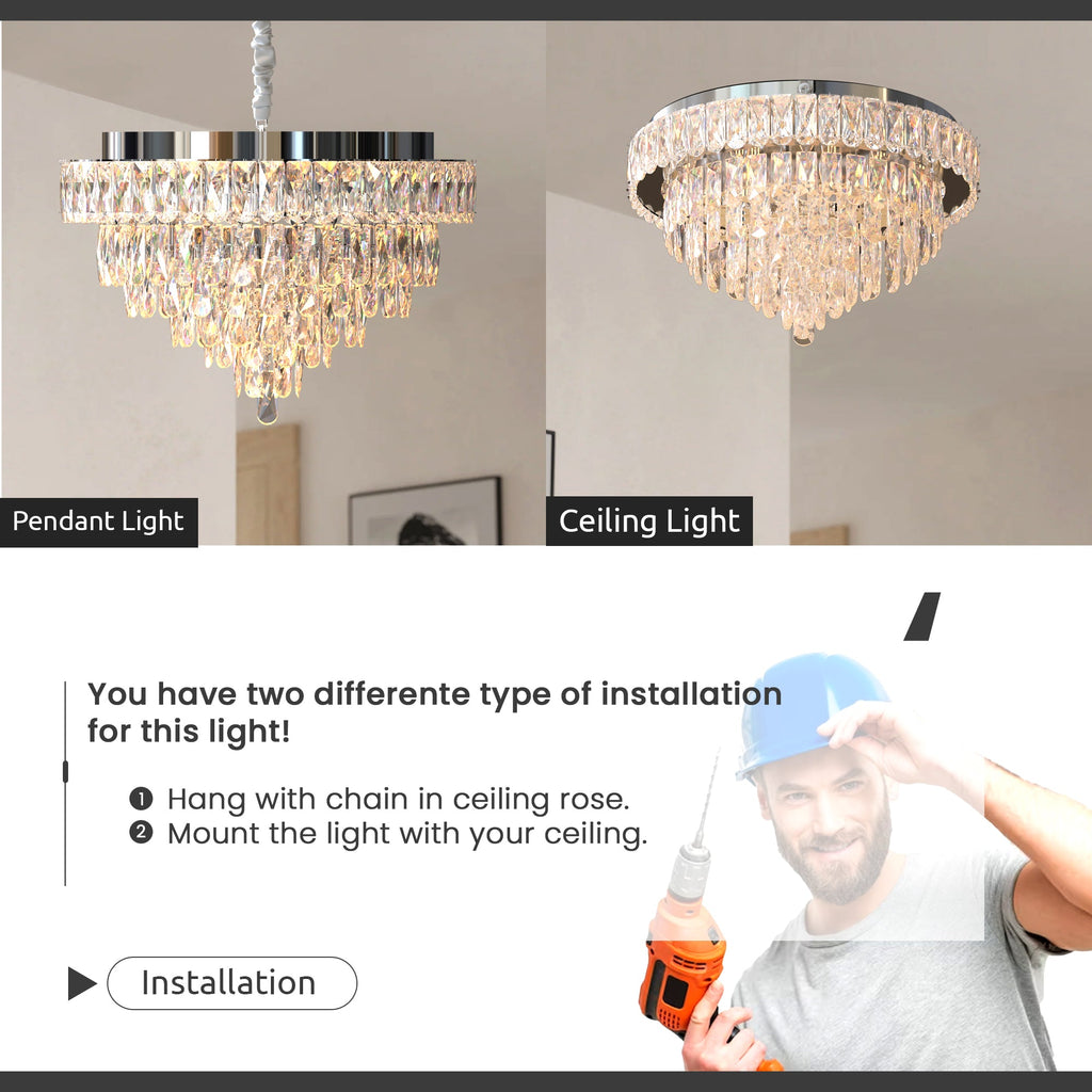 Modern Clear Crystal Chandelier Round Ceiling Light Dimmable E14 Bulbs Chrome Finish