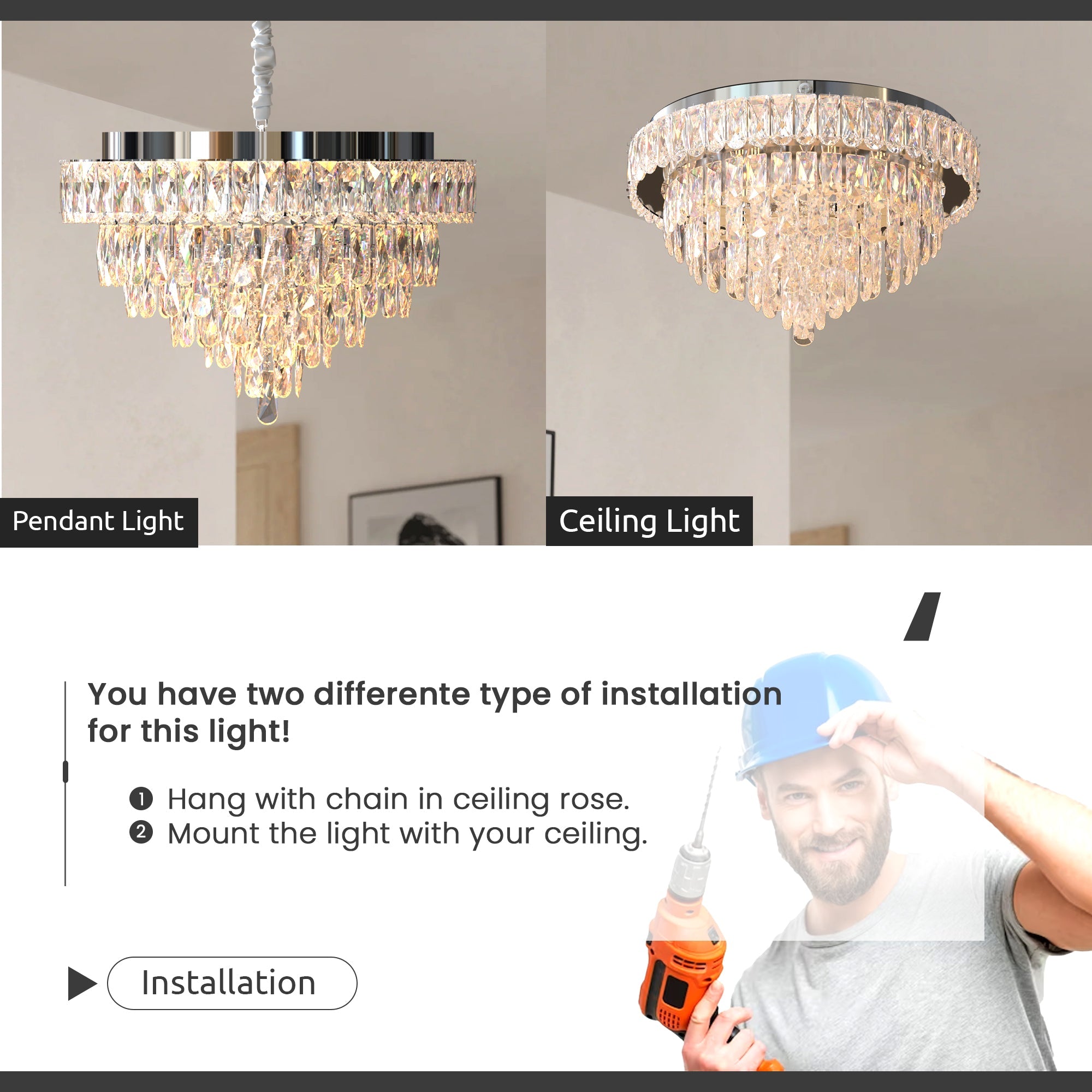 Modern Clear Crystal Chandelier Round Ceiling Light Dimmable E14 Bulbs Chrome Finish