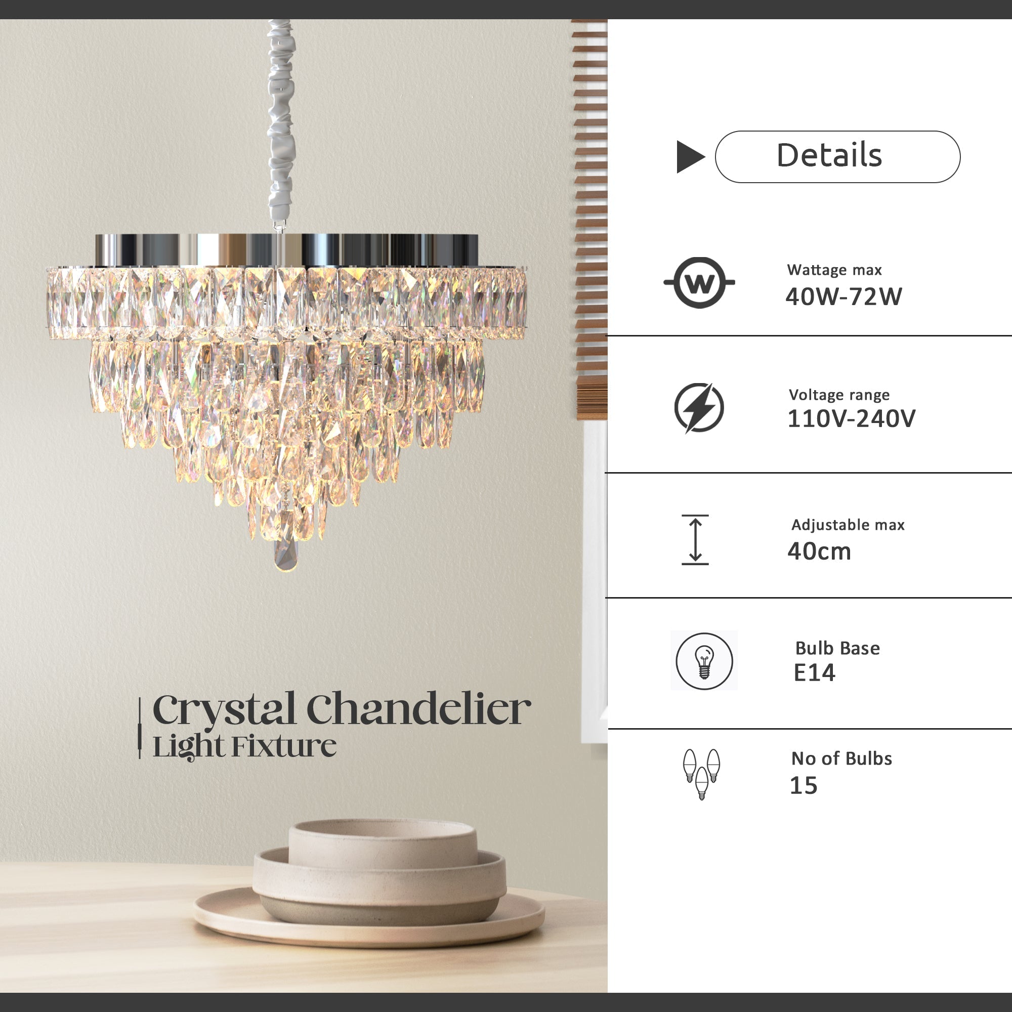 Modern Crystal Glass Layer Black Cord Chandelier Round Ceiling Light Fixture