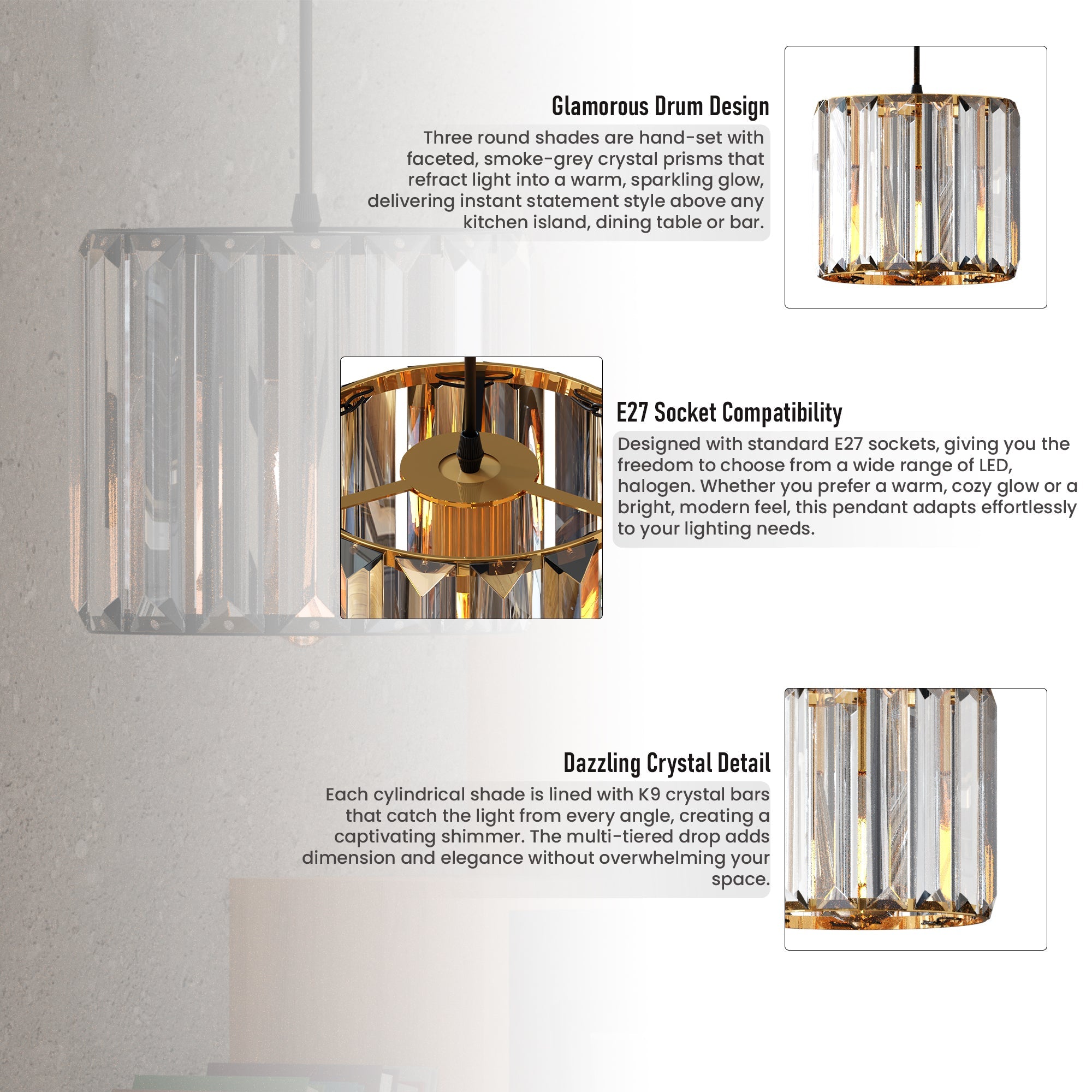 Modern Crystal Glass Shade Pendant Light E27 Ceiling Hanging Lamp Fixture