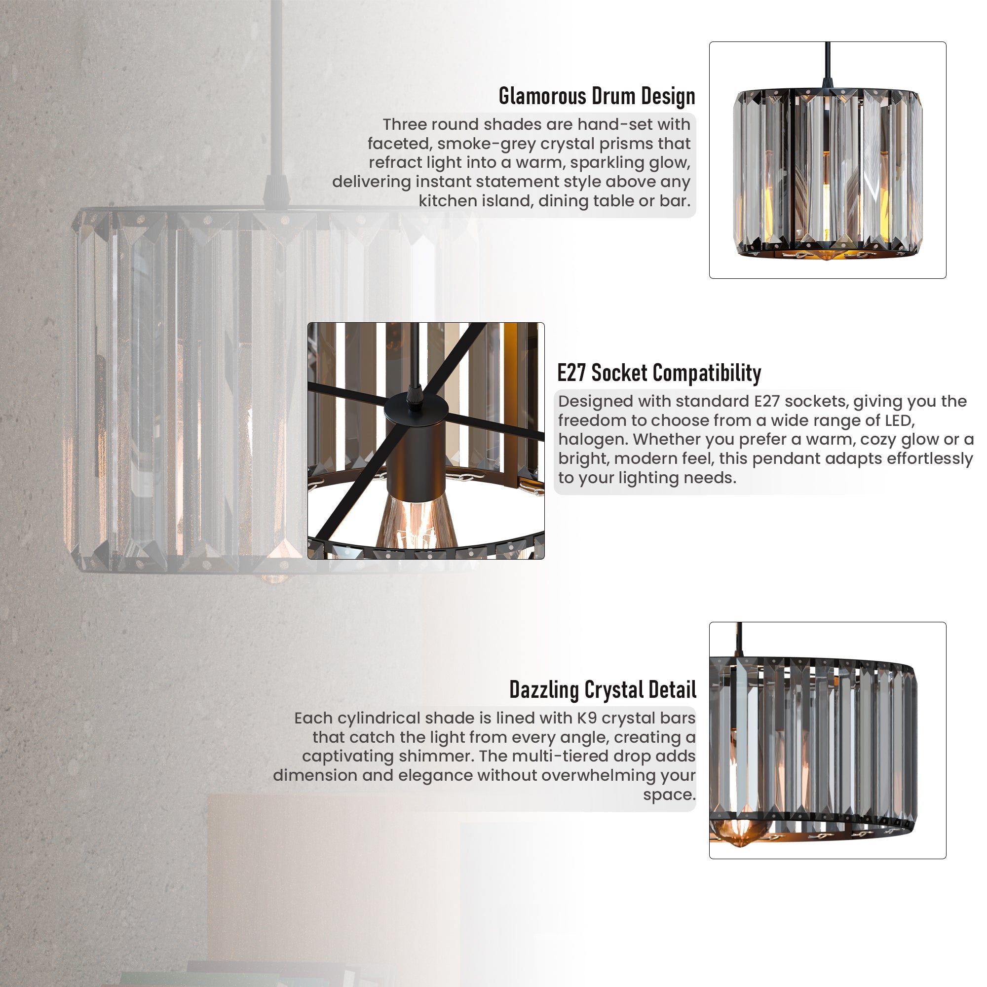 Modern Crystal Glass Shade Pendant Light E27 Ceiling Hanging Lamp Fixture