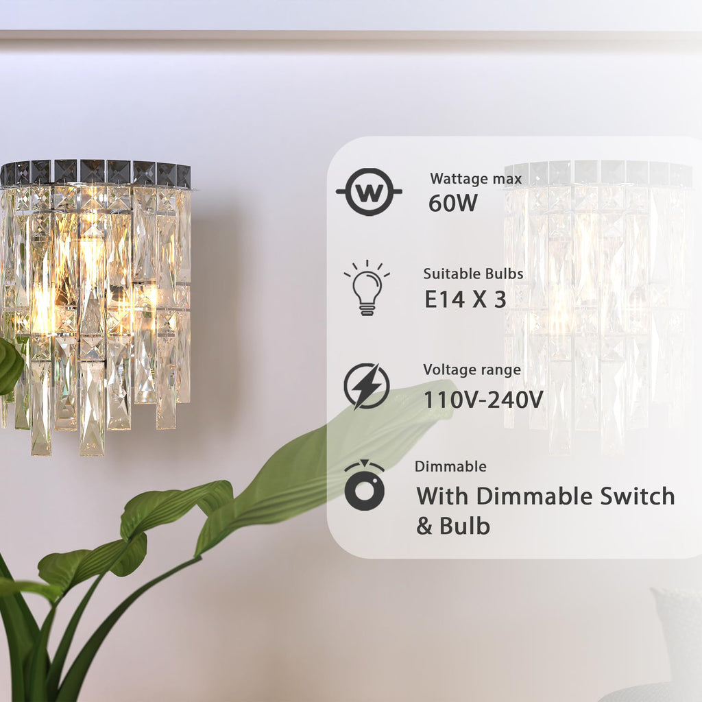 Modern Crystal Wall Sconce Light, E14 Compatible, Chrome/Gold Finish, Luxurious Home Lighting