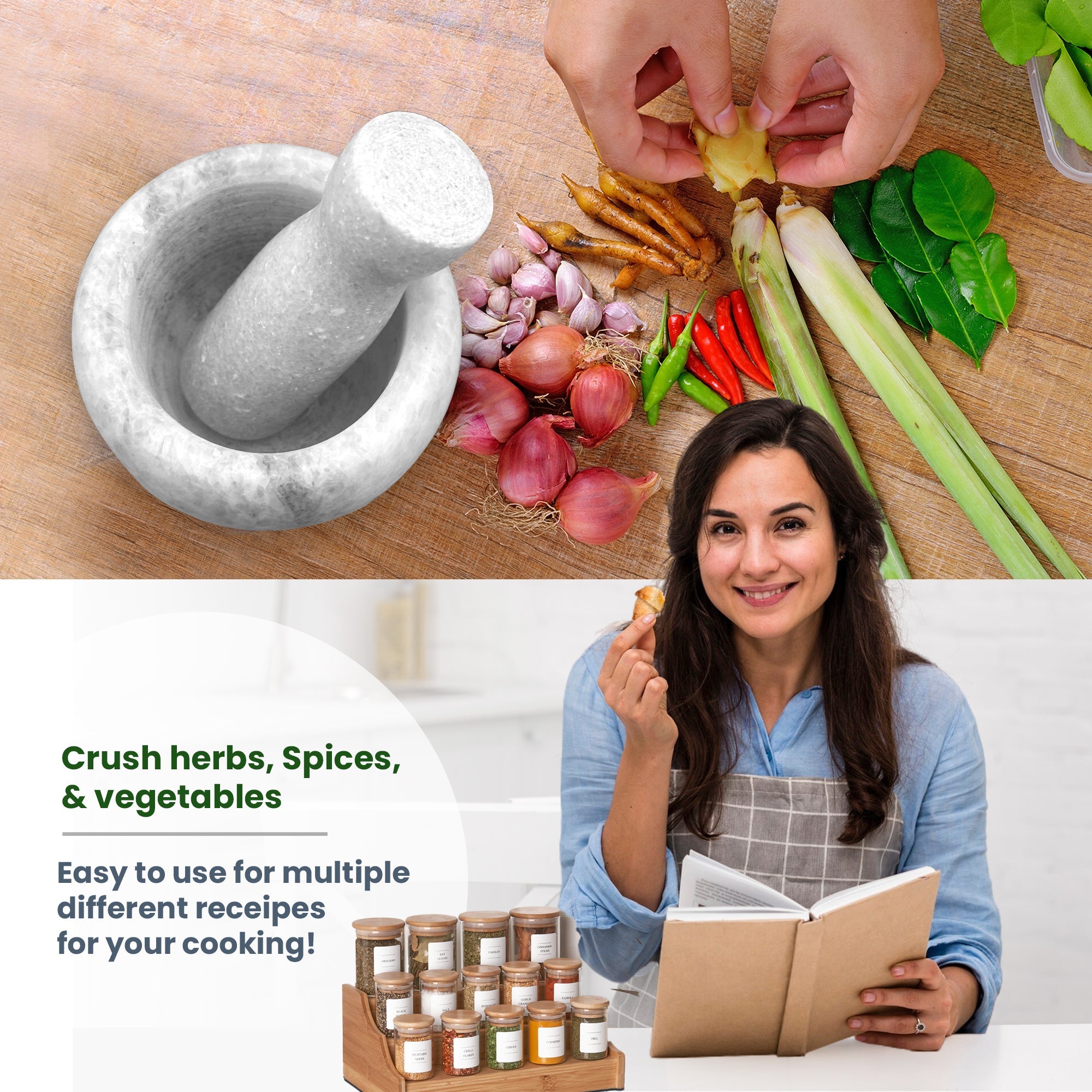 Premium Polished Marble Pestle and Mortar Set, Herb Crusher, Spice Grinder, Guacamole Bowl