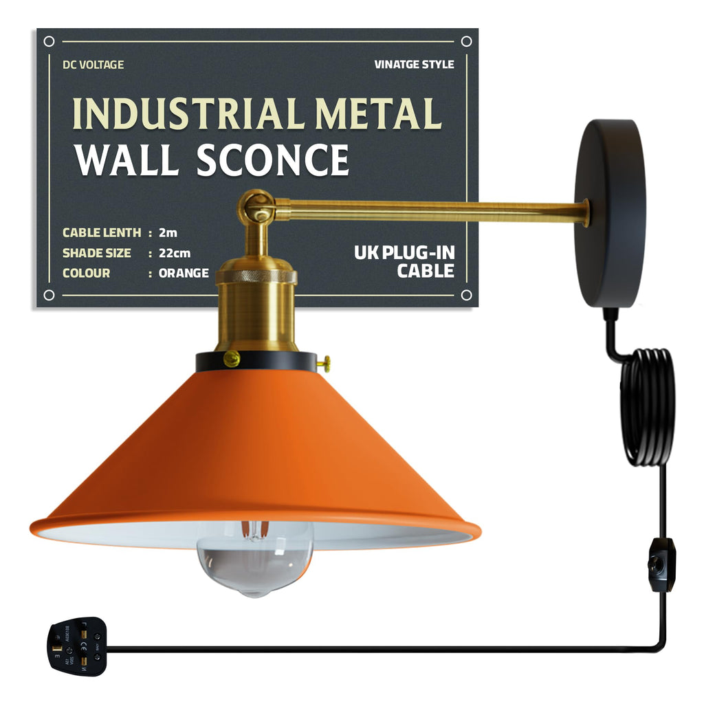 Industrial Indoor Plug-in Wall Light with Dimmer Switch, Adjustable Metal Shade