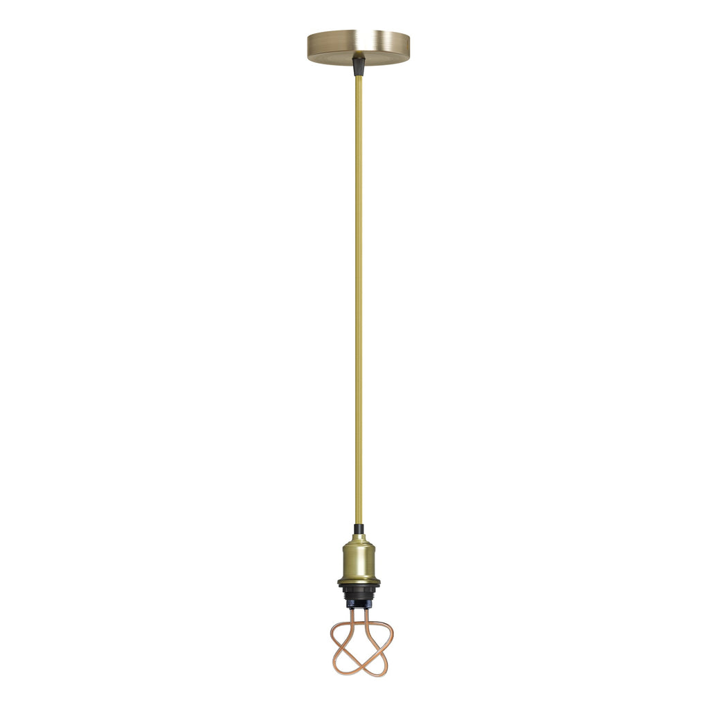 Vintage E27 Pendant Light Set, Green Brass Holder, Gold Cable, LED Neon Bulb