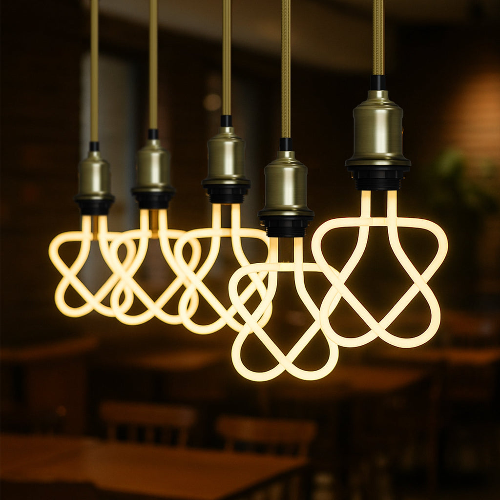 Vintage E27 Pendant Light Set, Green Brass Holder, Gold Cable, LED Neon Bulb