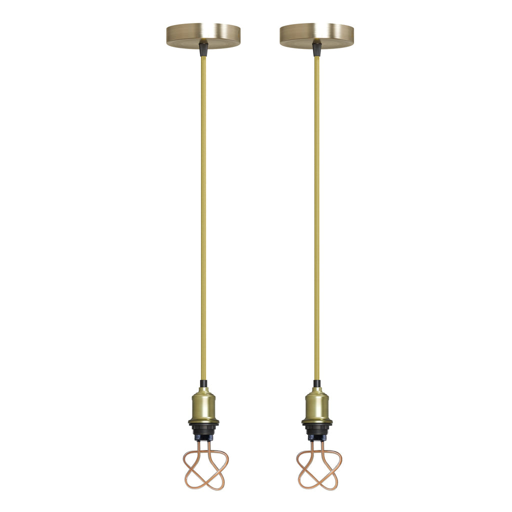 Vintage E27 Pendant Light Set, Green Brass Holder, Gold Cable, LED Neon Bulb