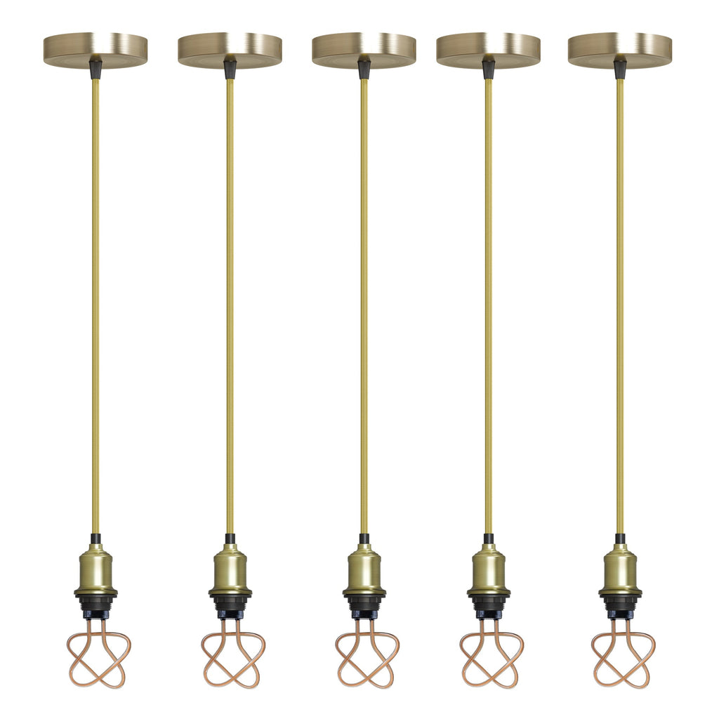 Vintage E27 Pendant Light Set, Green Brass Holder, Gold Cable, LED Neon Bulb