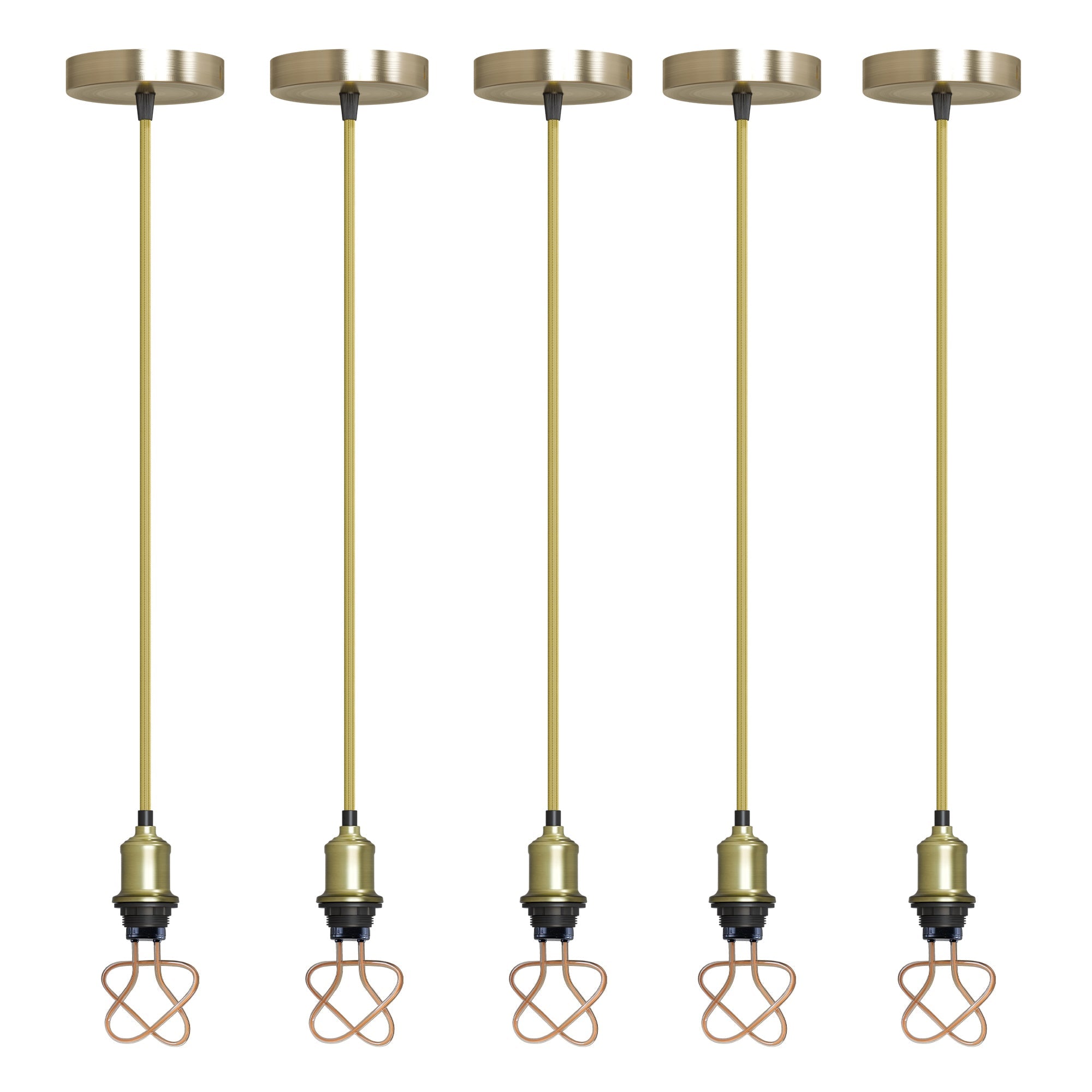 Vintage E27 Pendant Light Set, Green Brass Holder, Gold Cable, LED Neon Bulb