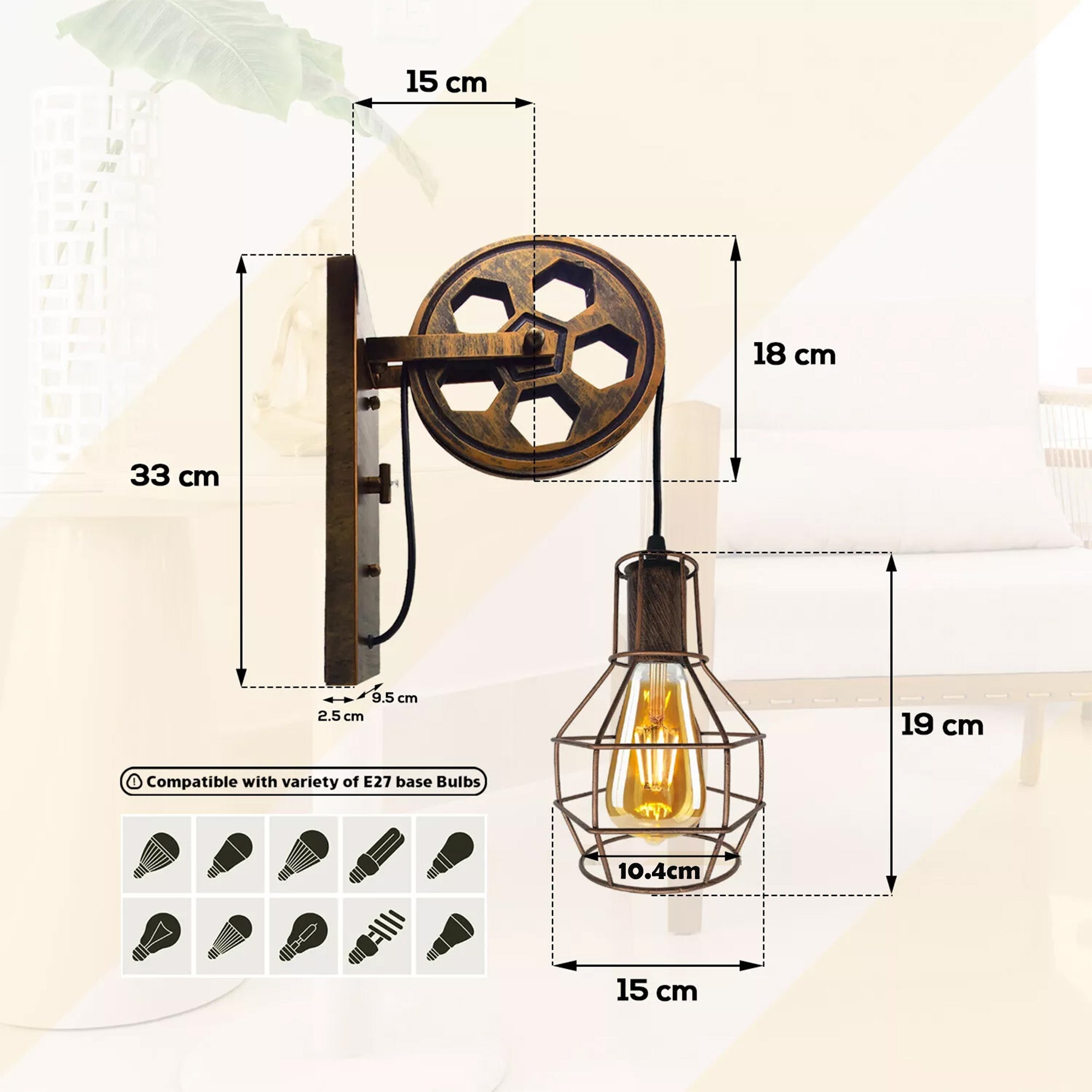 Vintage Industrial Pulley Wall Lamp: Adjustable Height E27 Lighting Fixture Home Decor