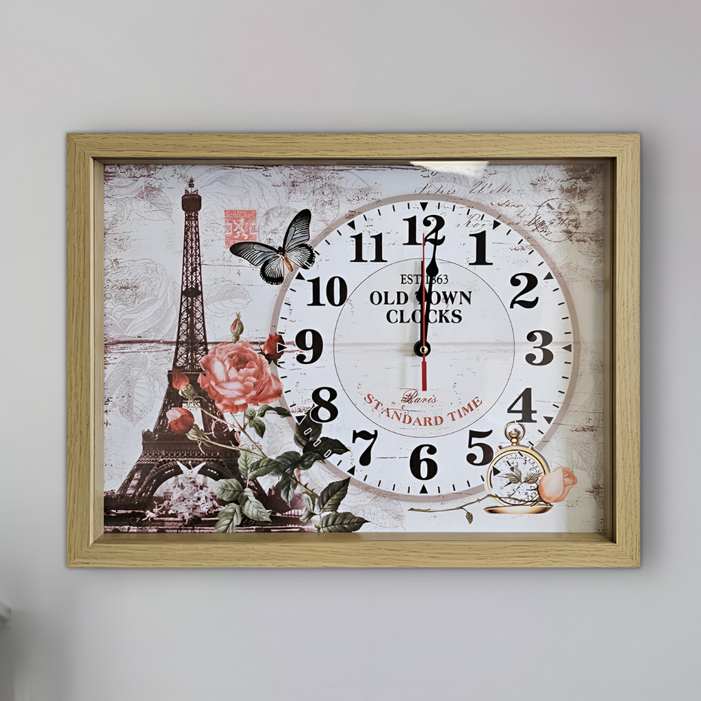 Eiffel Tower Parisian Wood Art Rectangular Vintage Wall Clock