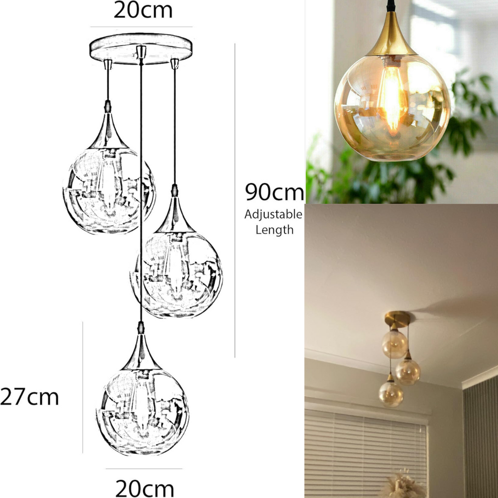 3-Light Global Glass Pendant Chandelier Adjustable E27/E26 Warm Ambient Lighting