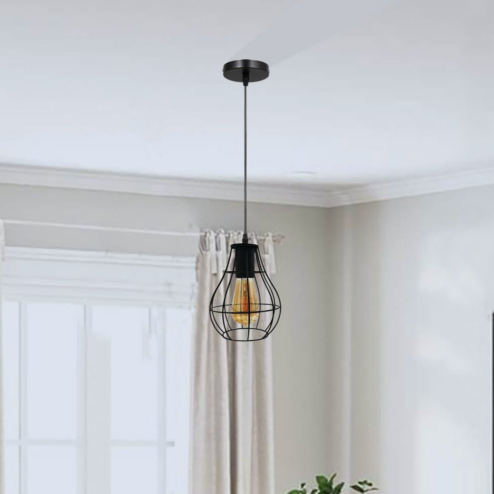 Vintage Industrial Black Cage Pendant Light - Dimmable E27 Hanging Fixture