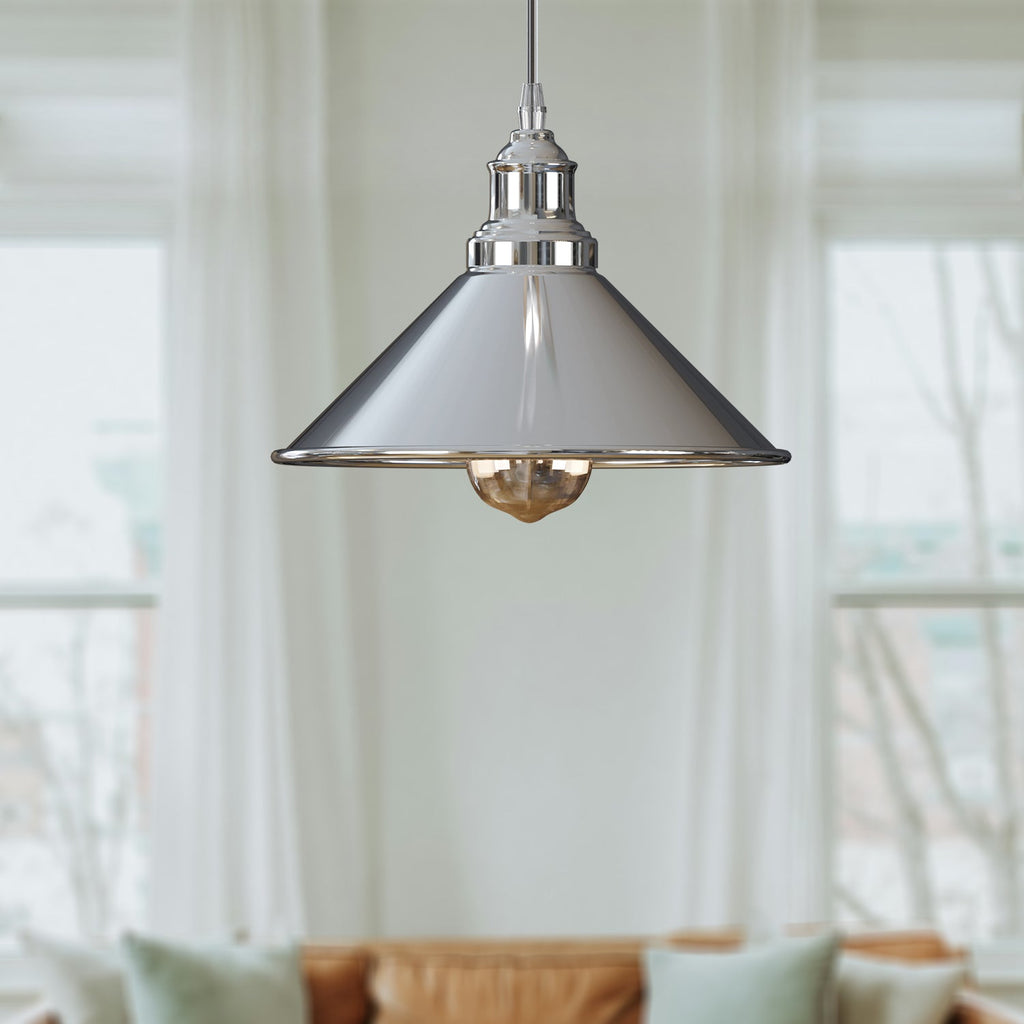 Modern Industrial Chrome Cone Pendant Light Fixture with Adjustable Height