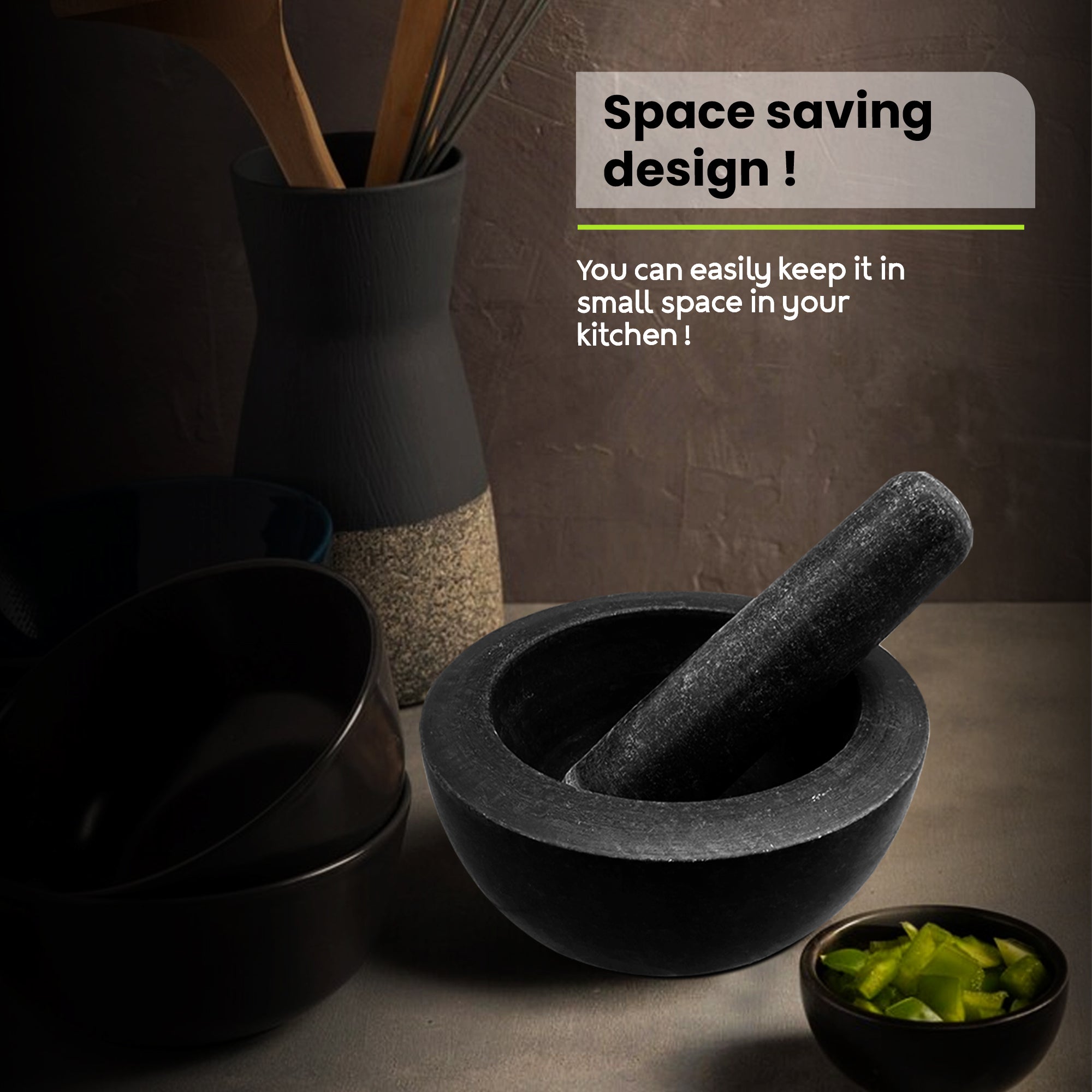 Premium Solid Black Granite Pestle and Mortar Set for Spice Herb Grinding