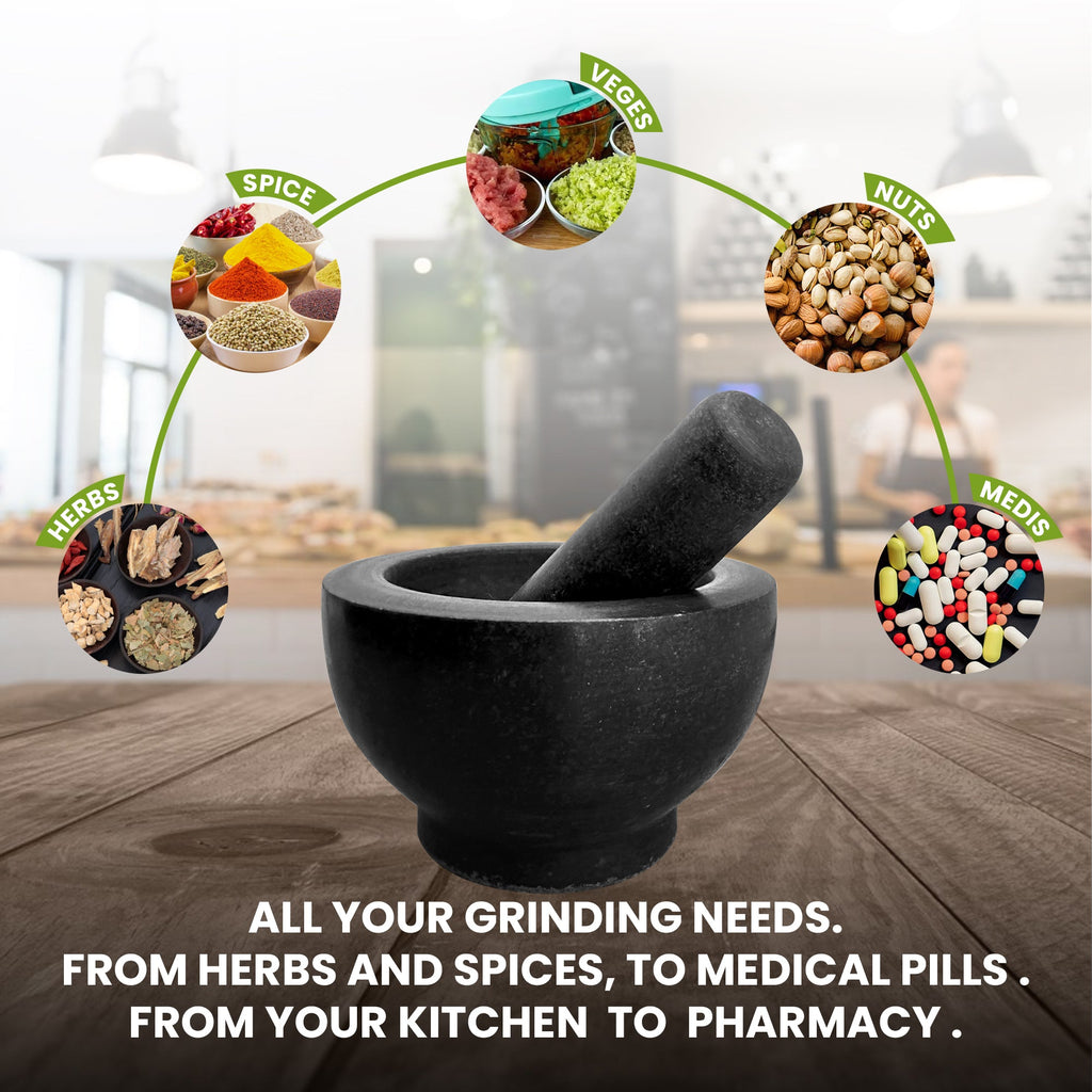 Premium Solid Black Granite Pestle and Mortar Set for Spice Herb Grinding